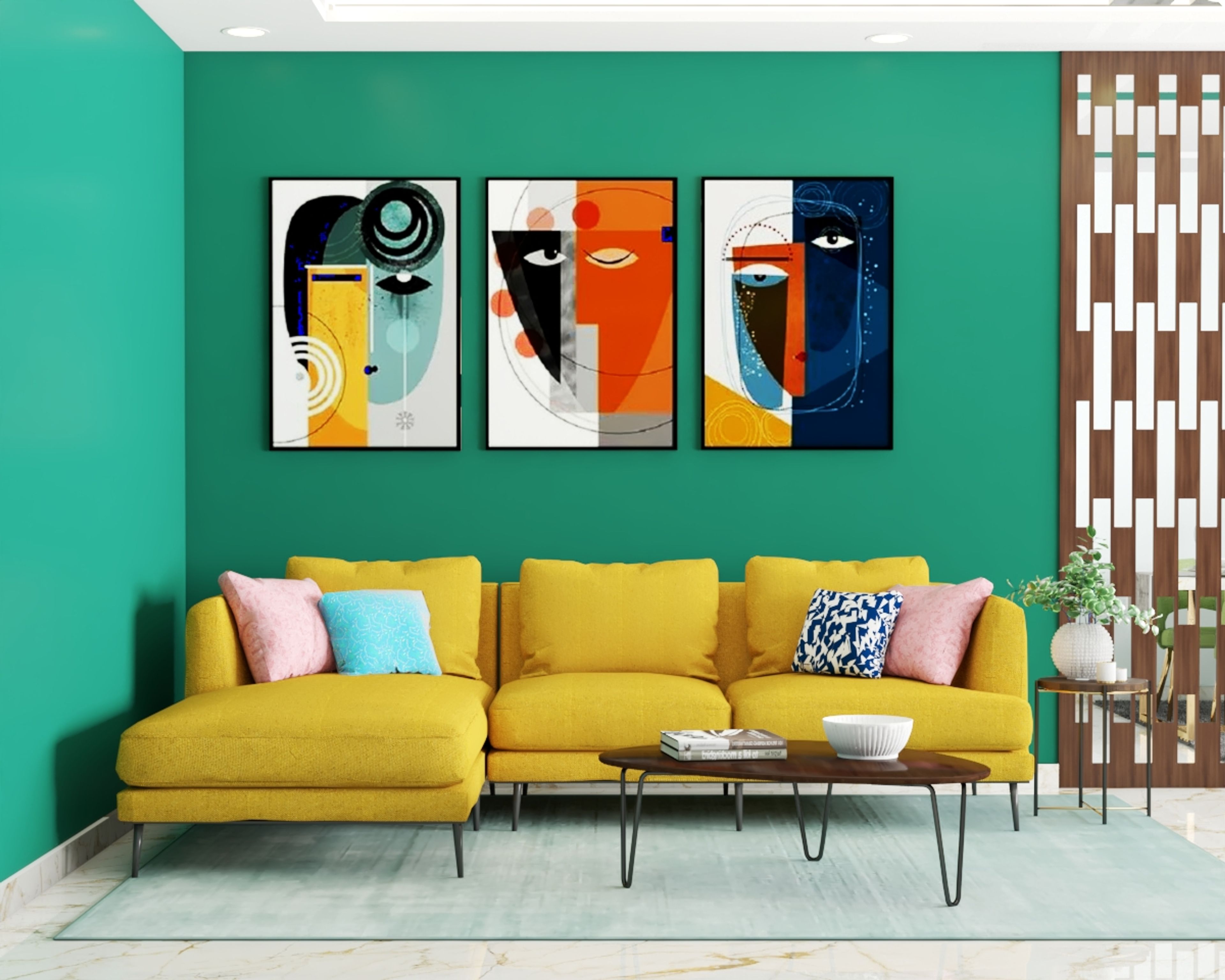 Modern Living Room Design With Green And Yellow Interiors