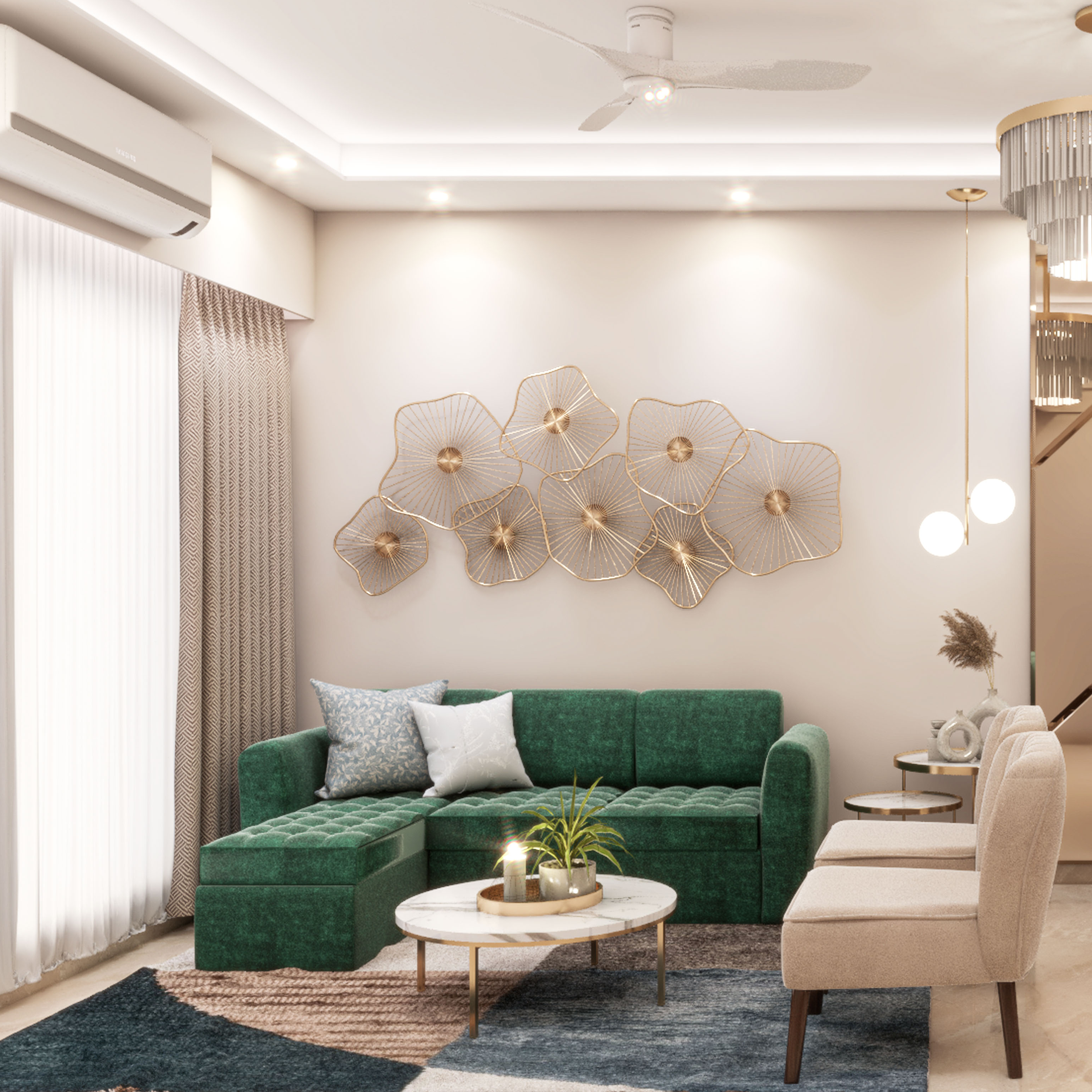 Spacious Living Room Design With Green L-Shaped Sofa