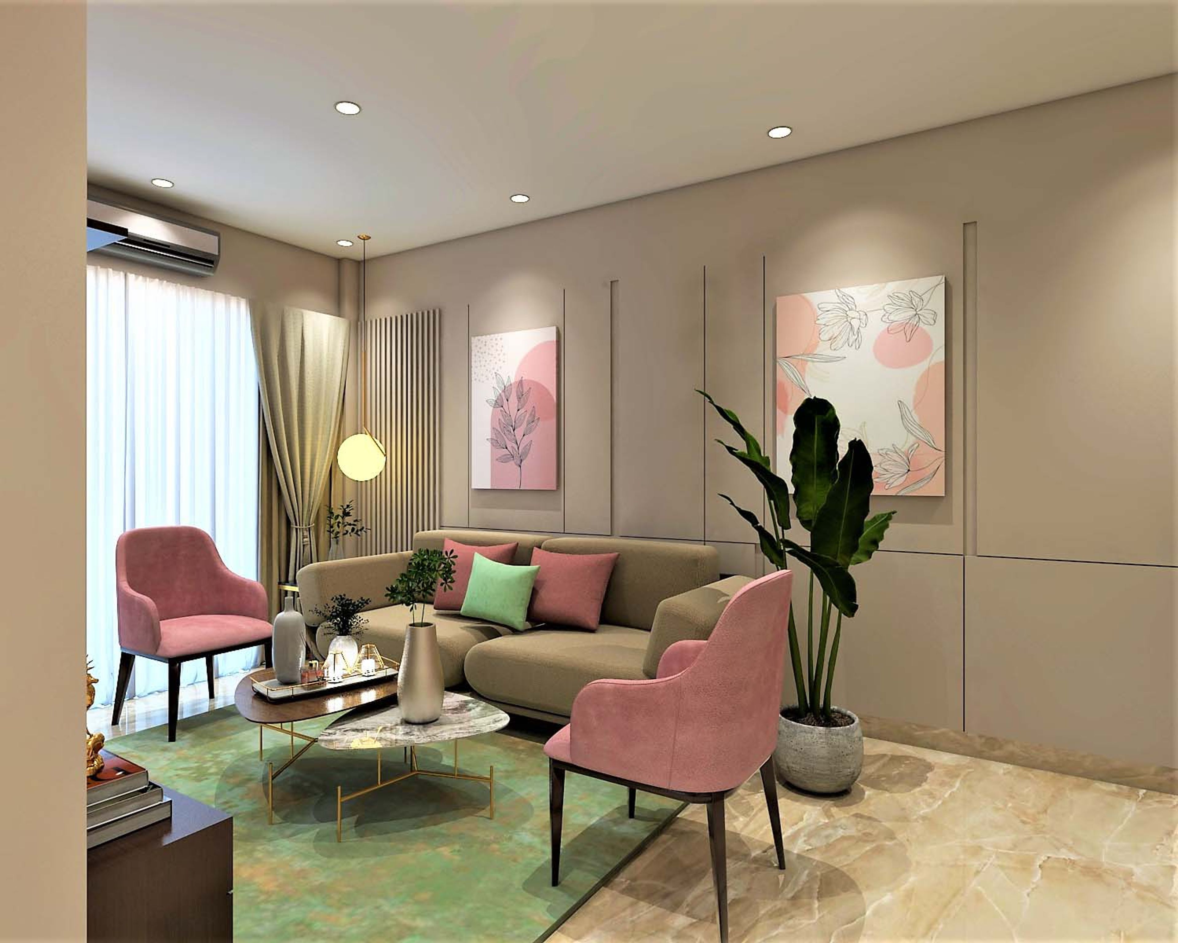 Tropical Living Room Design With Pink Accent Chairs