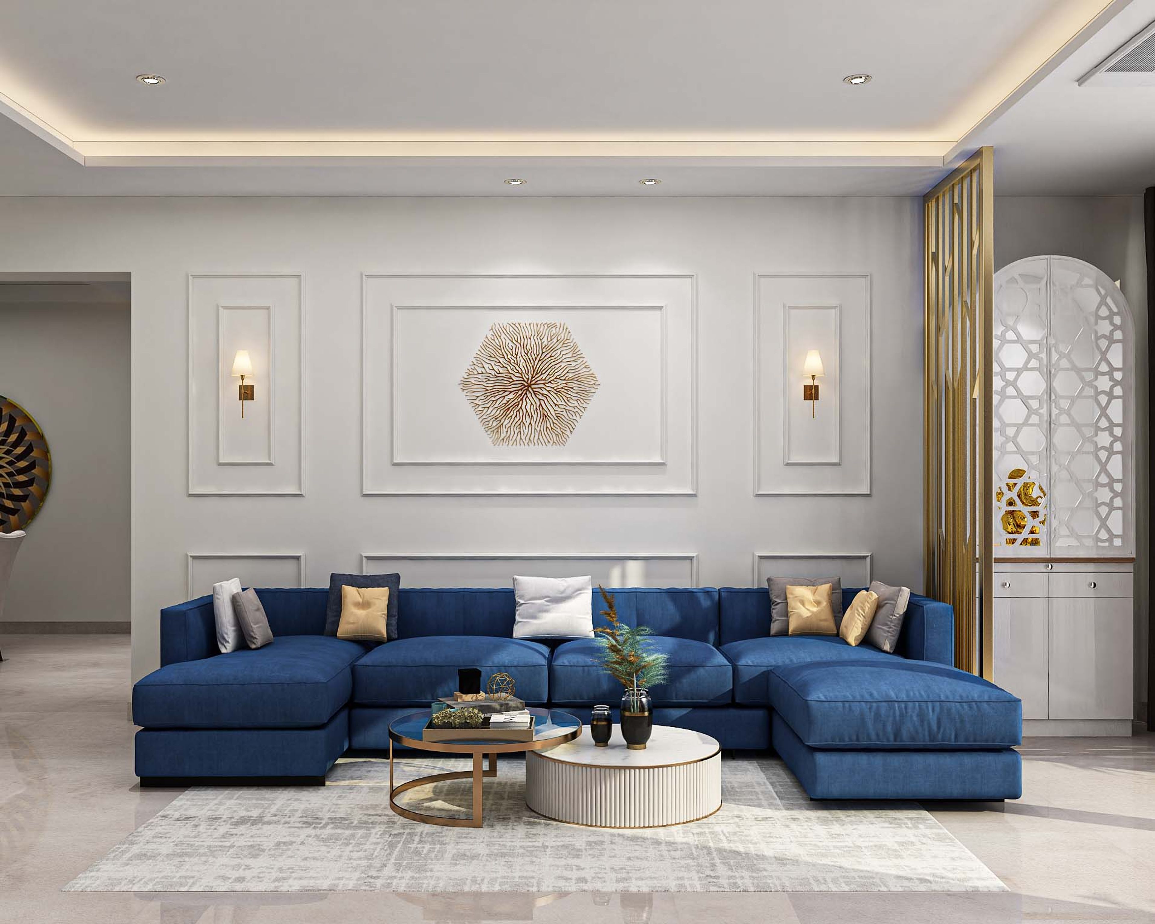 Contemporary Living Room Design With Blue U-Shaped Sofa