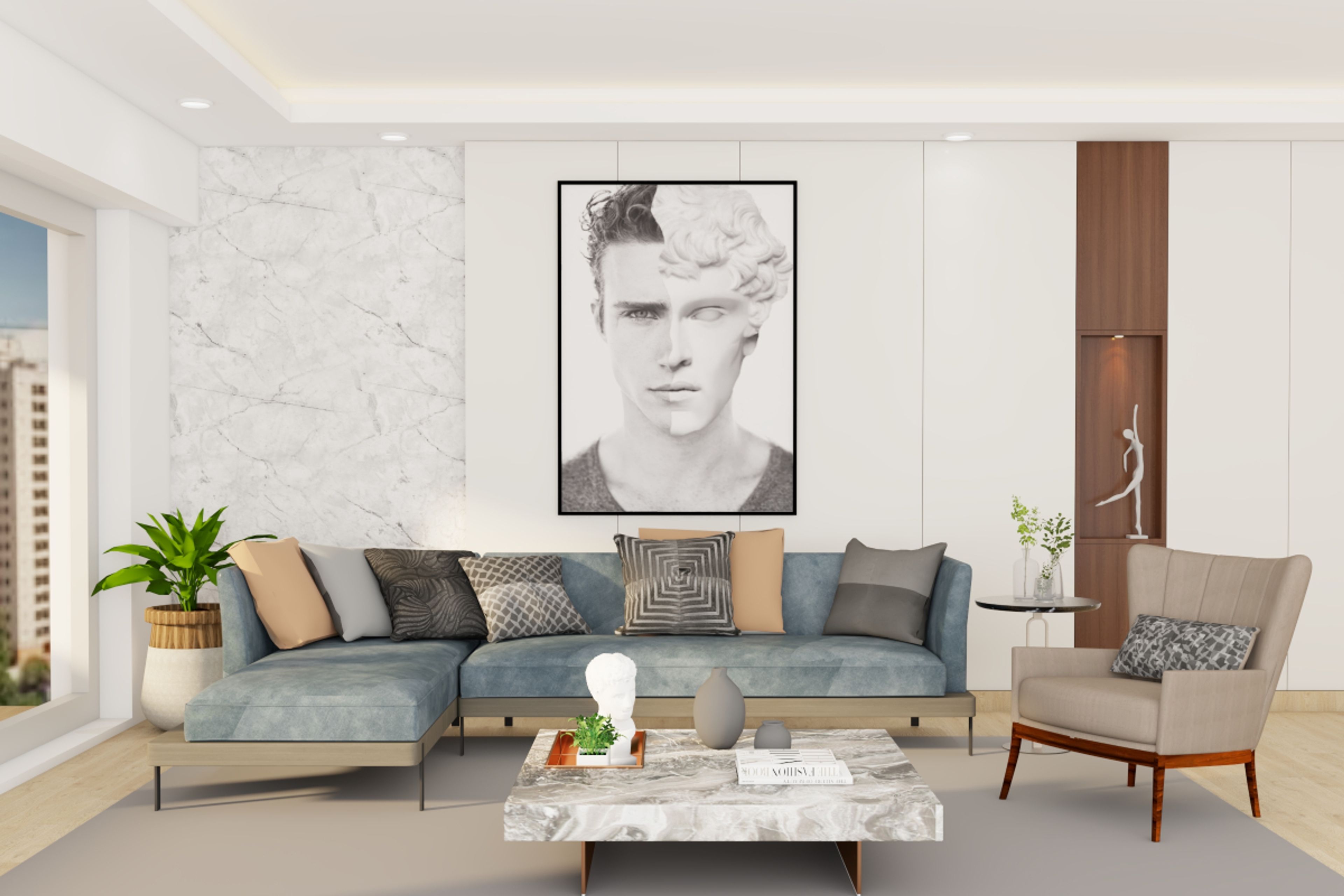 Modern Living Room Design With Blue Sectional Sofa