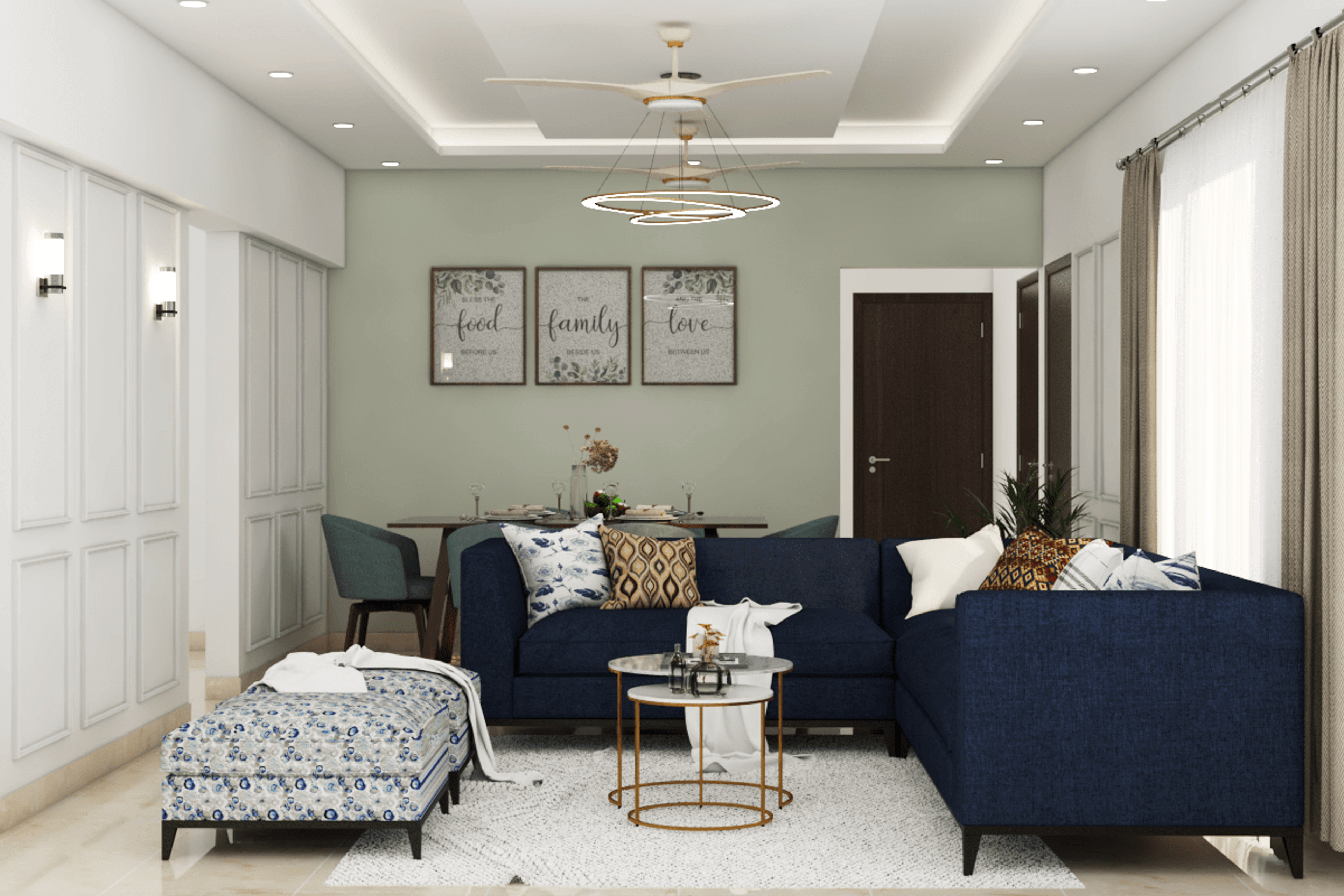 Classic Living Room Design With L-Shaped Blue Couch And White Rug