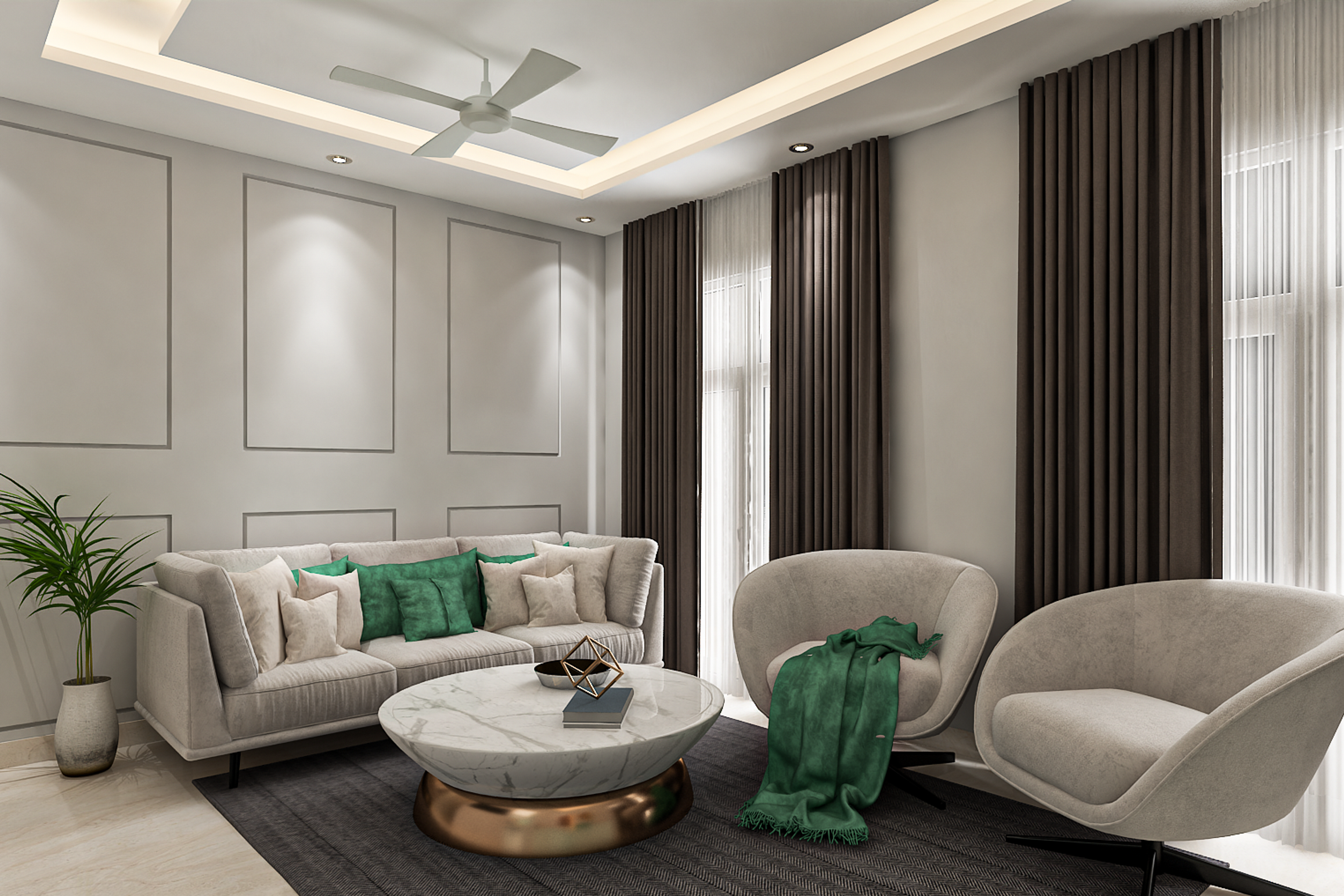 Contemporary Living Room Design With White Sofa Set and Chairs