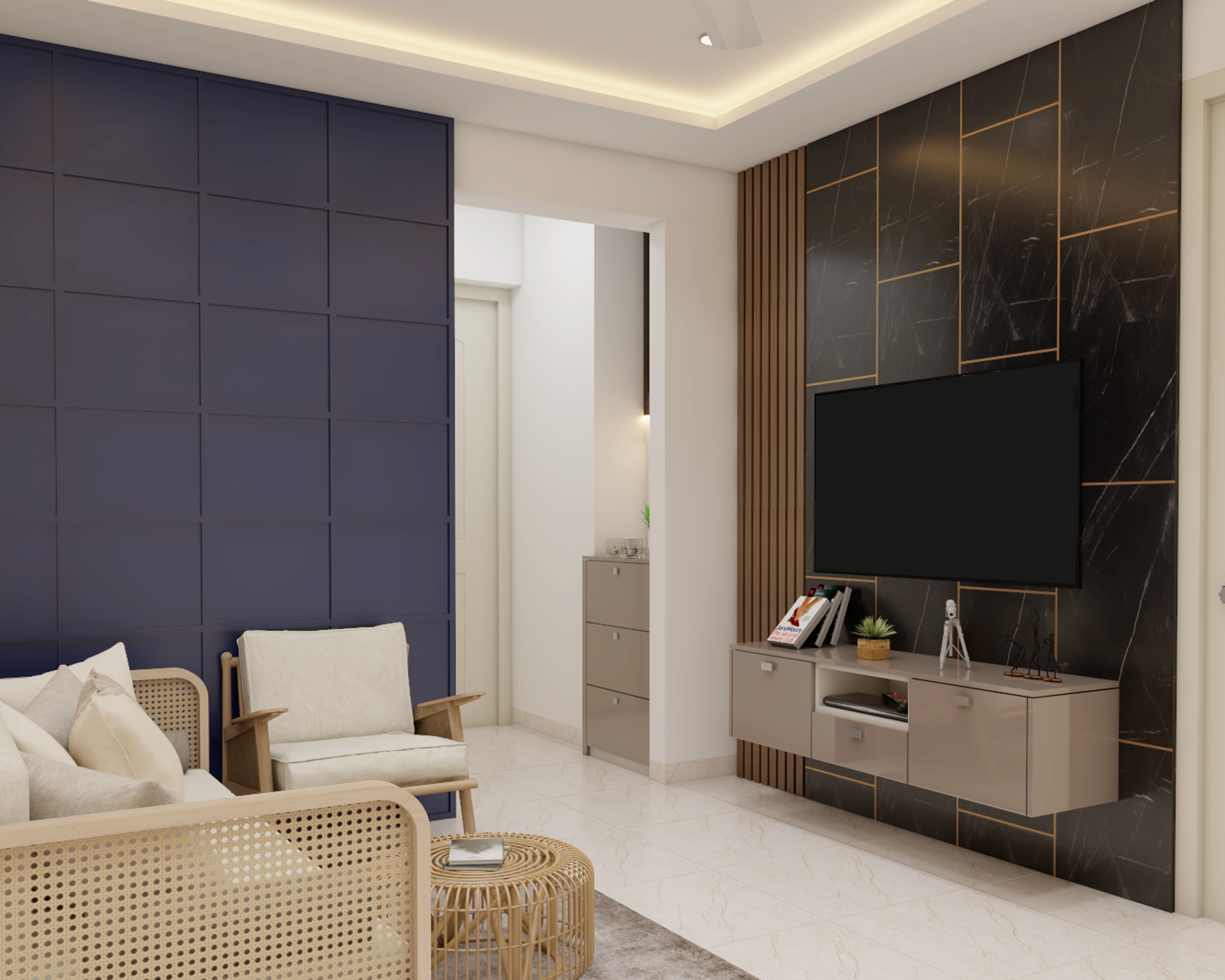 Rustic Living Room Design With Wall Mounted TV Unit