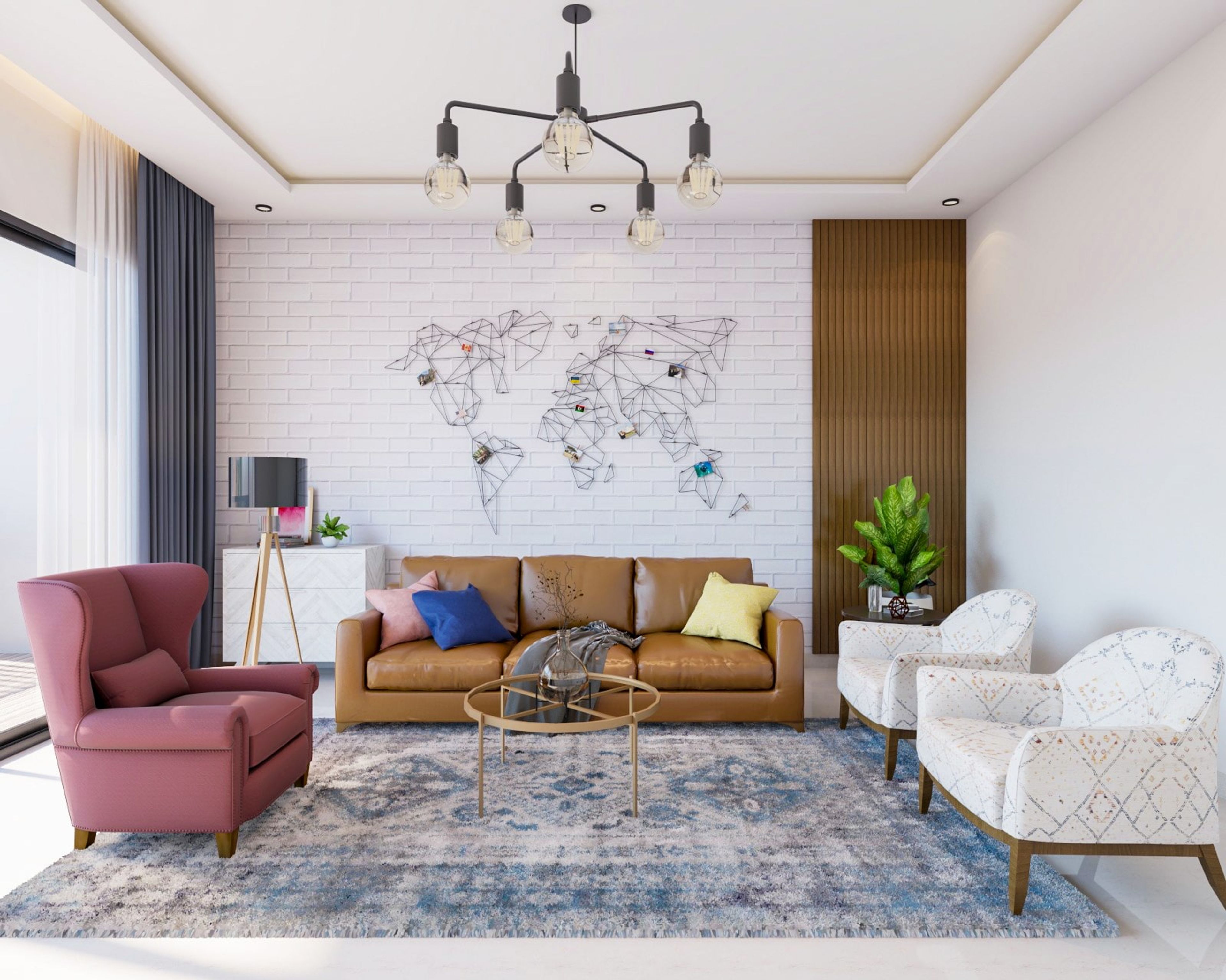 Modern Spacious Living Room Design With Exposed Brick Wallpaper