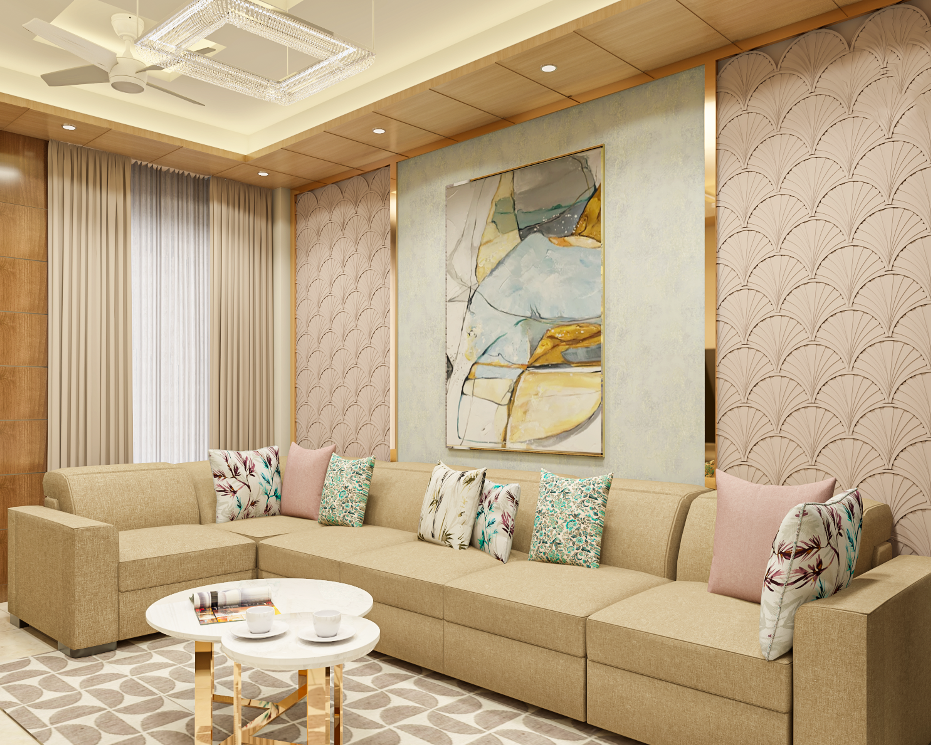 Contemporary Living Room Design With Golden Panels