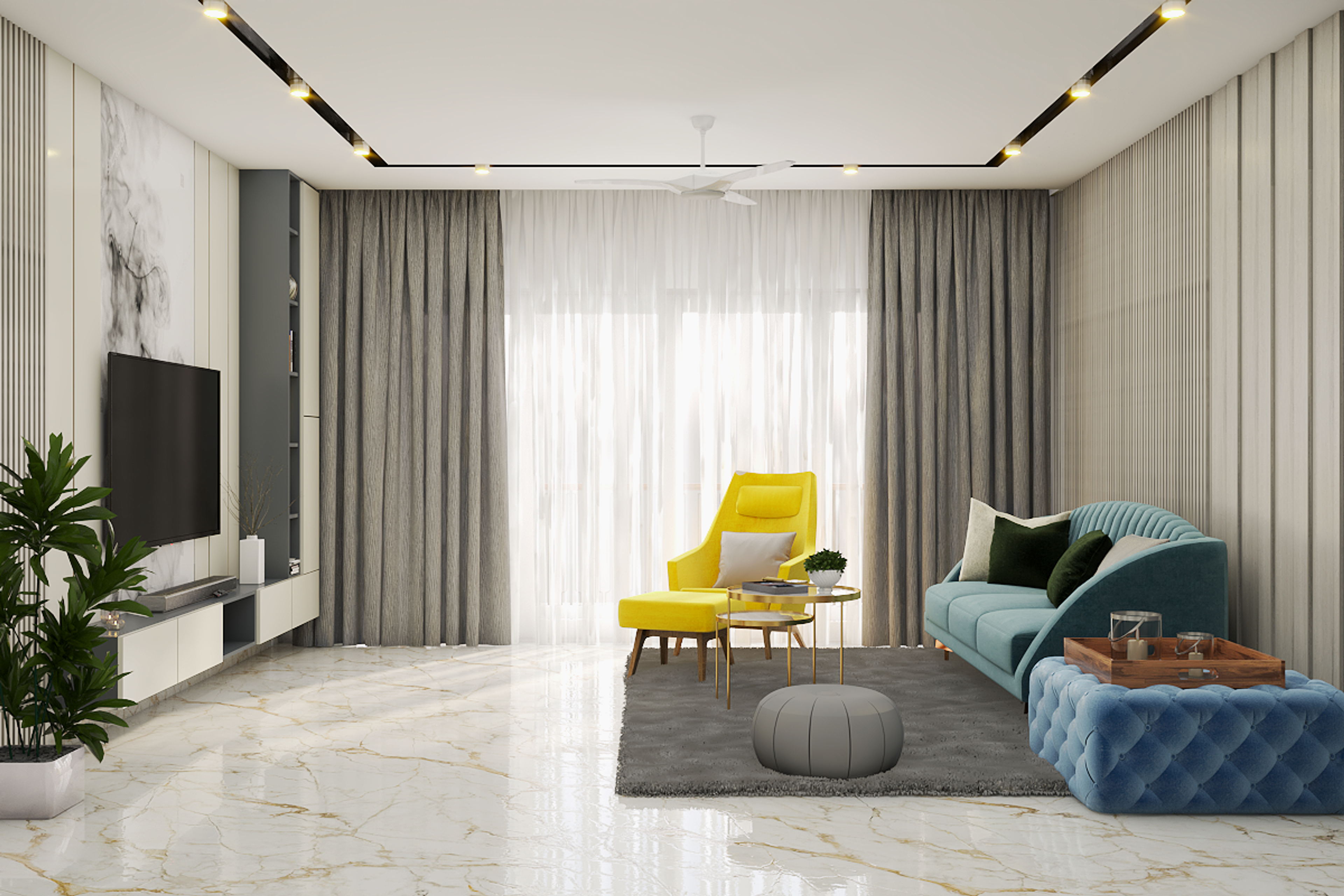 Modern Living Room Design With Marble Paneled TV Unit