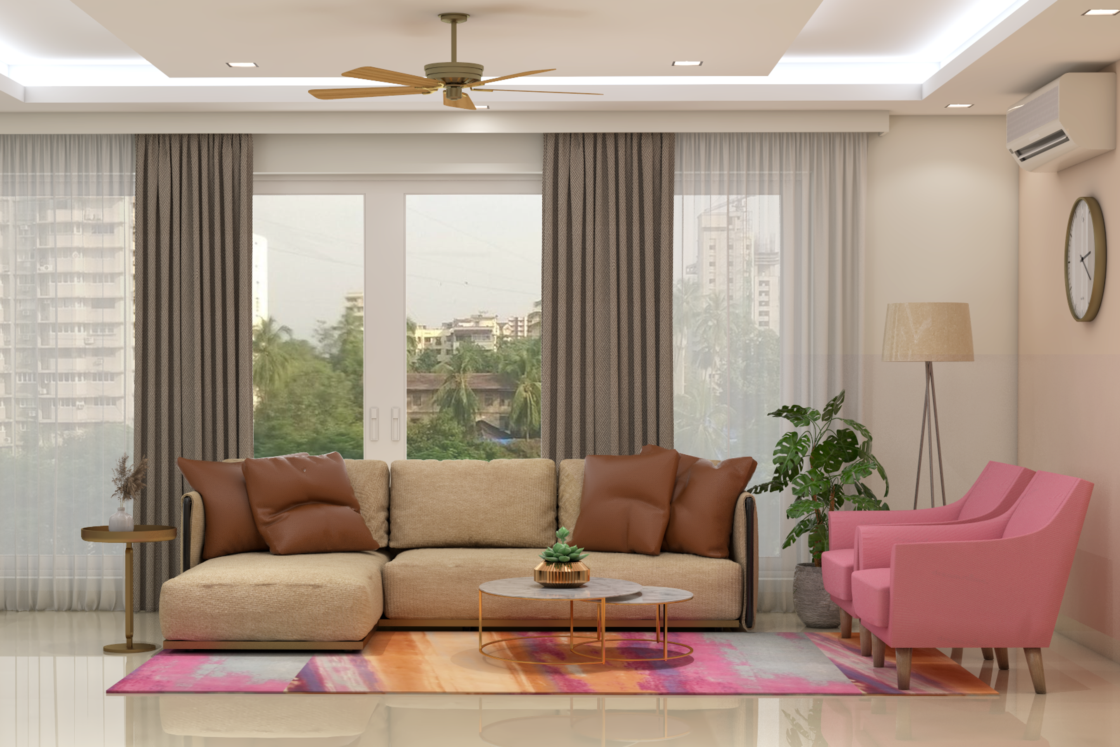 Contemporary Living Room With Pink Armchair - Livspace