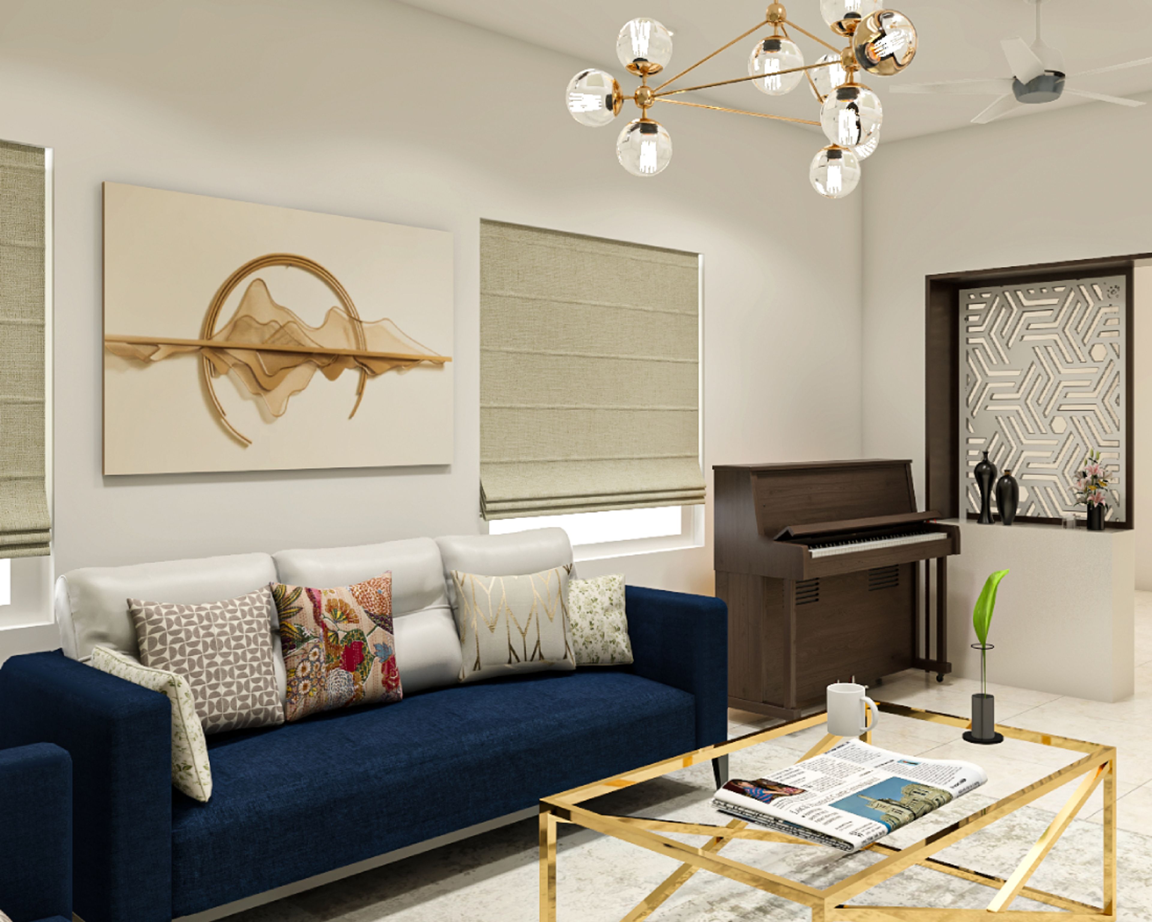 Contemporary Style Convenient Living Room Design With Blue 3-Seater Sofa