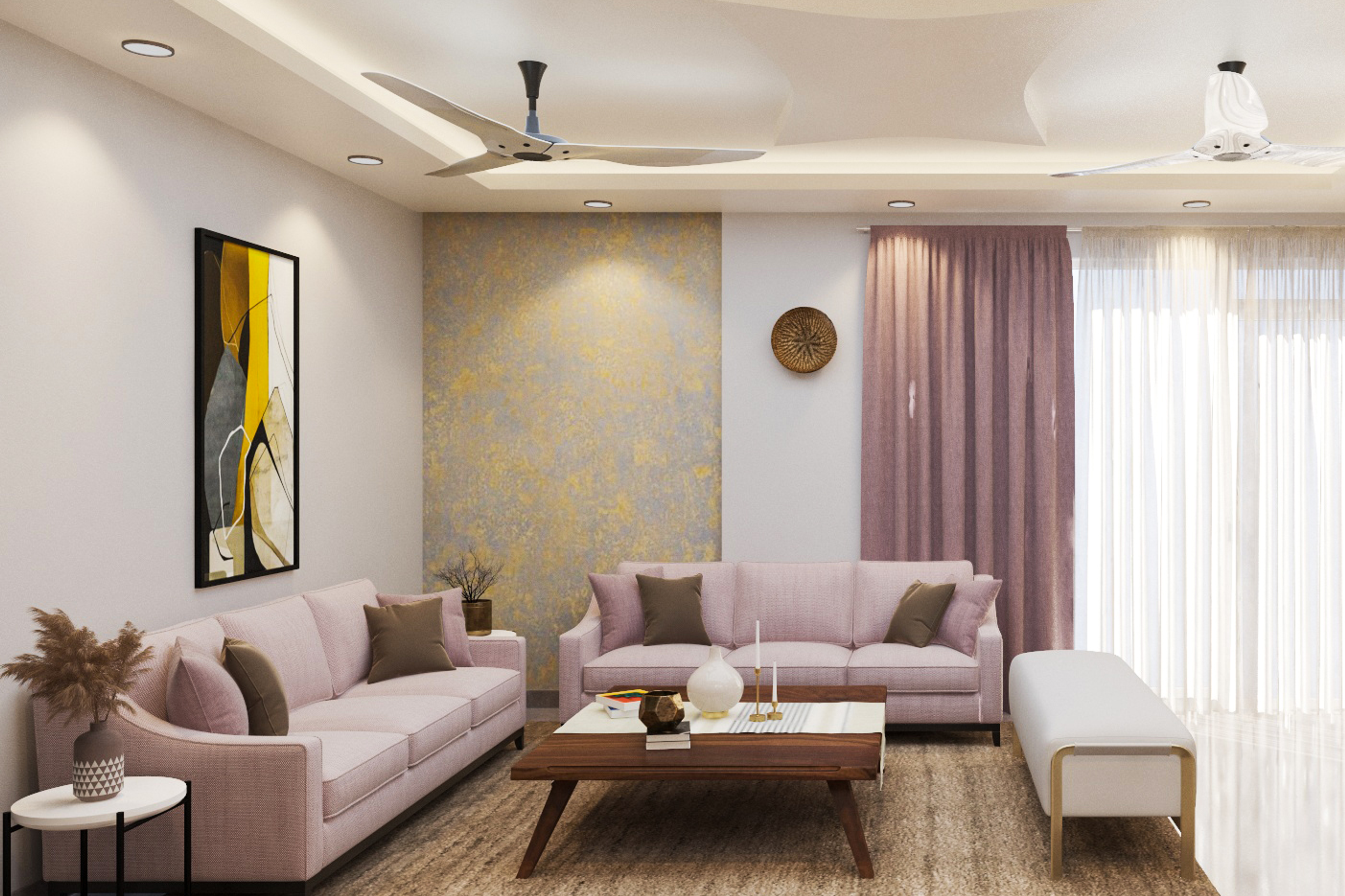 Contemporary Living Room Design With Pastel Pink L-Shaped Sofas