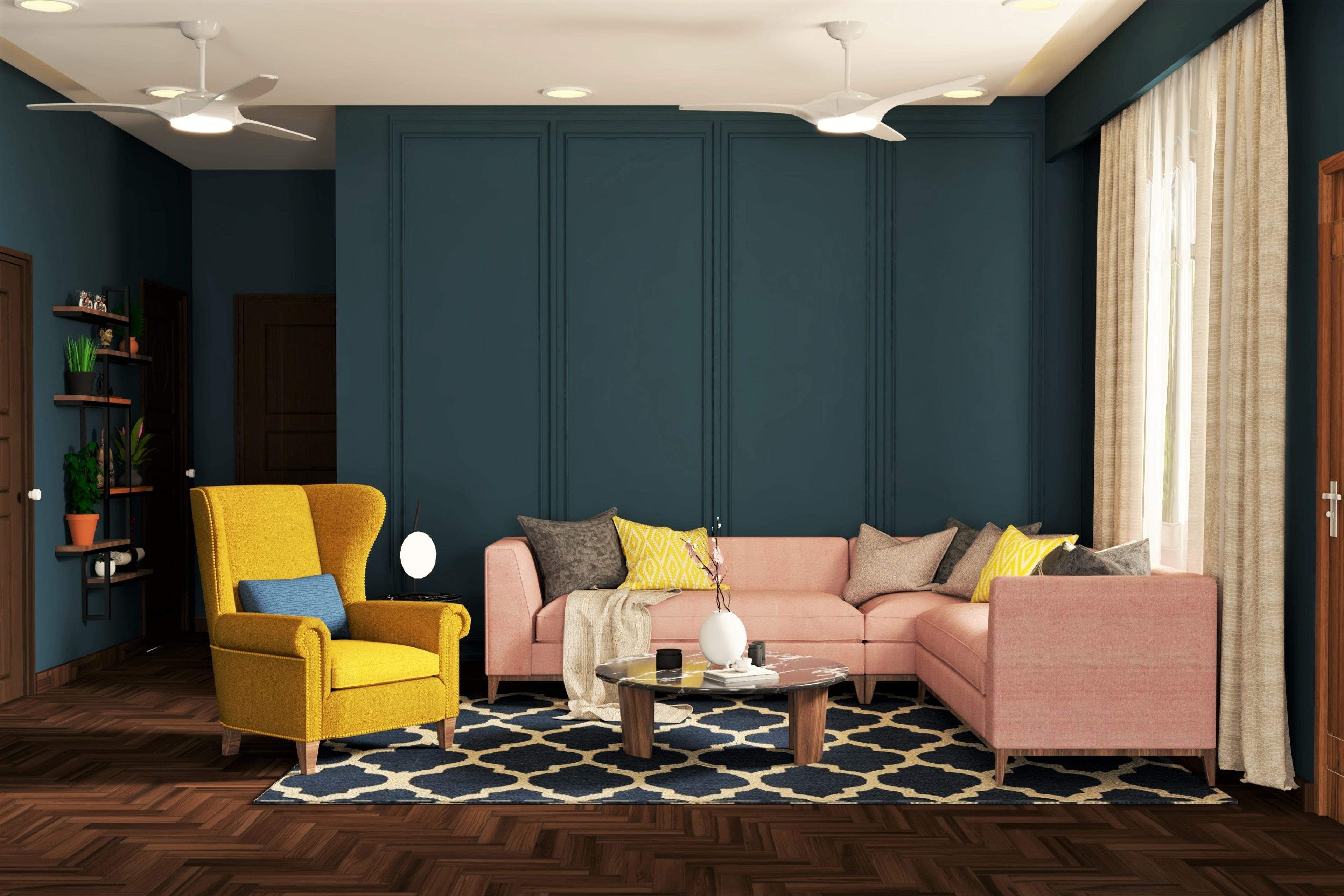 Modern Living Room Design With Dark Blue Accent Wall And Chevron-Patterned Wooden Flooring