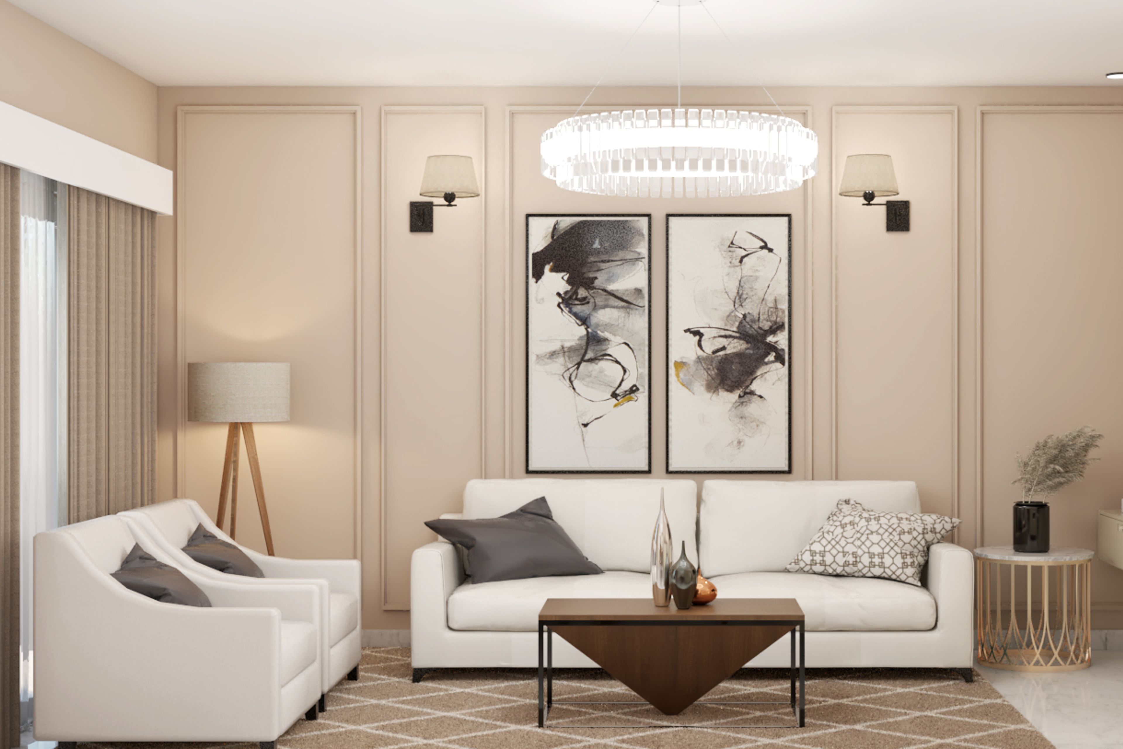 Modern Beige Themed Living Room Design With Chandelier