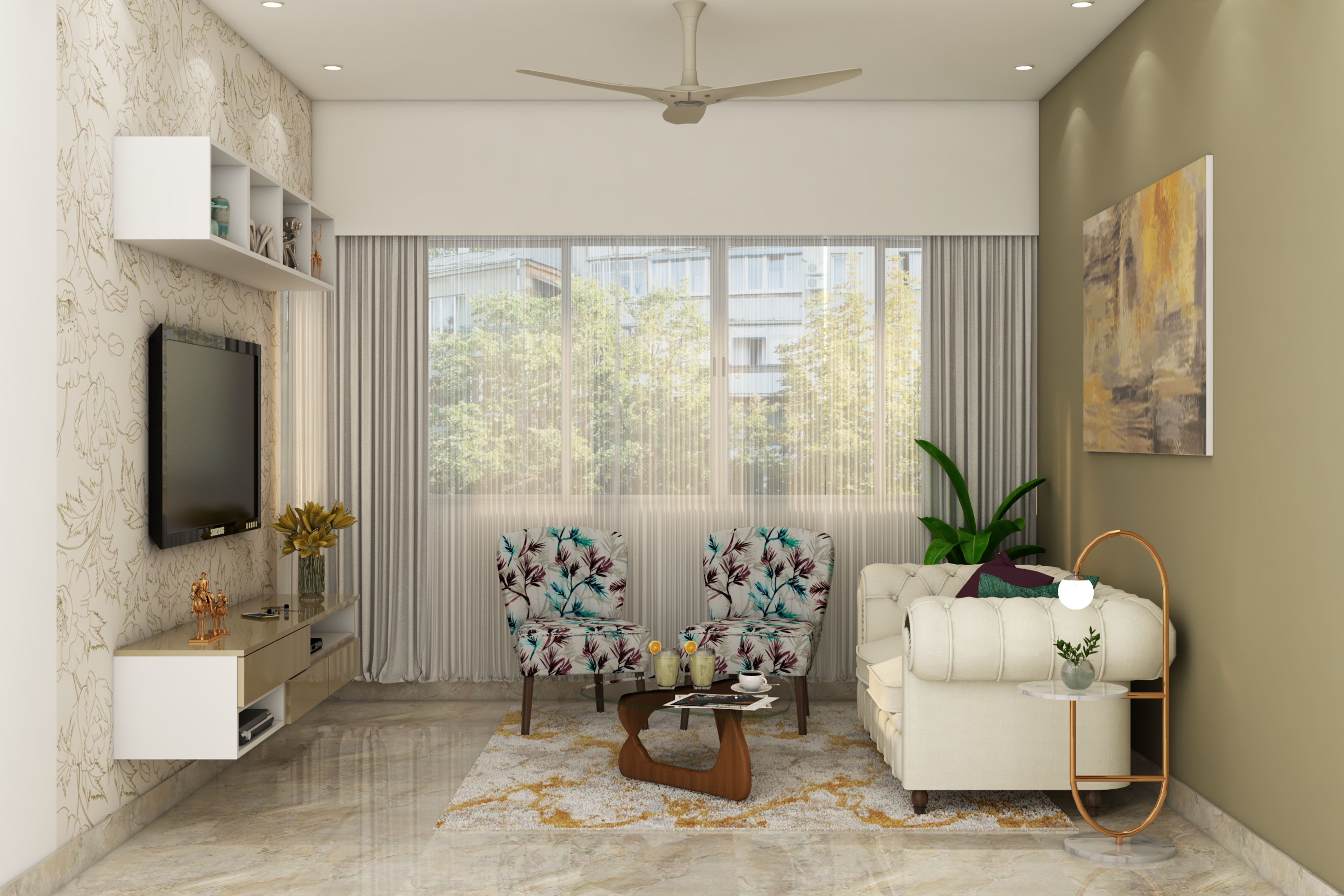 Spacious Living Room Design With White Sofa And TV Unit