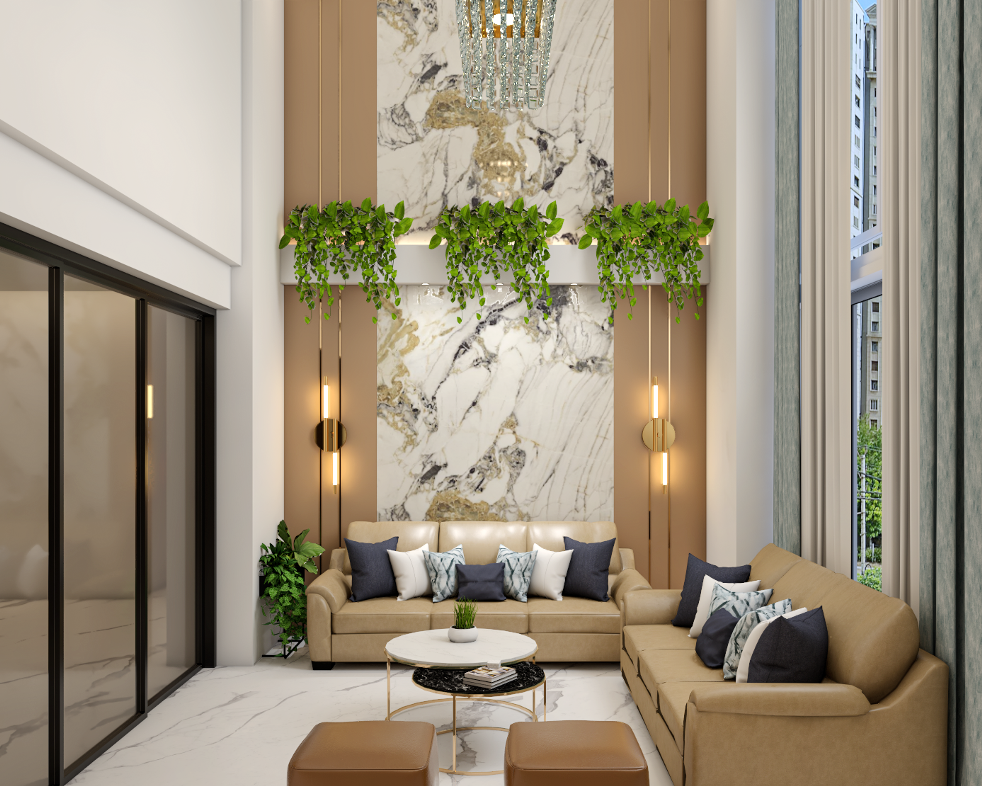 Contemporary Living Room Design With Lamps And Planters