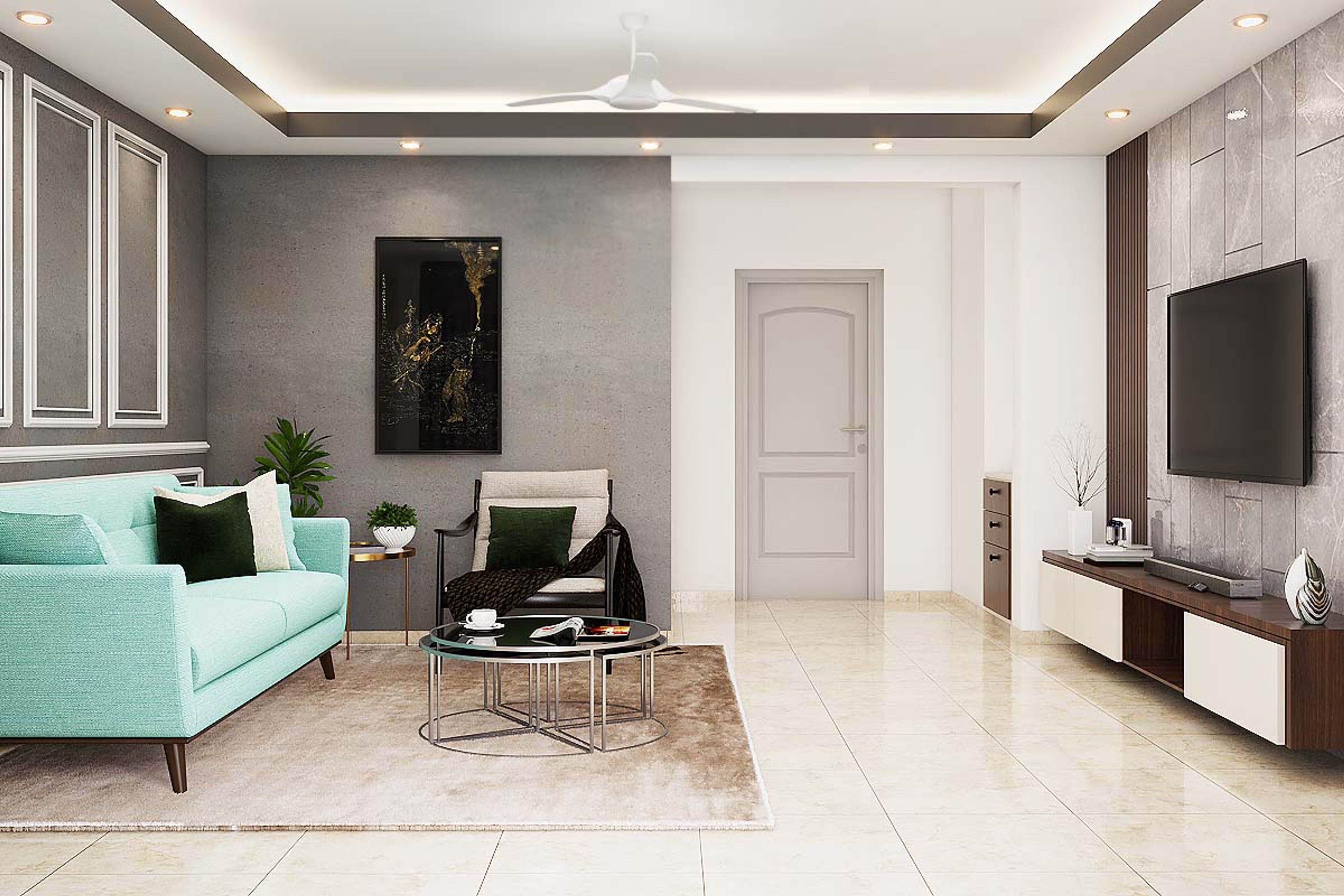 Spacious Modern Convenient Living Room With Textured Accent Wall