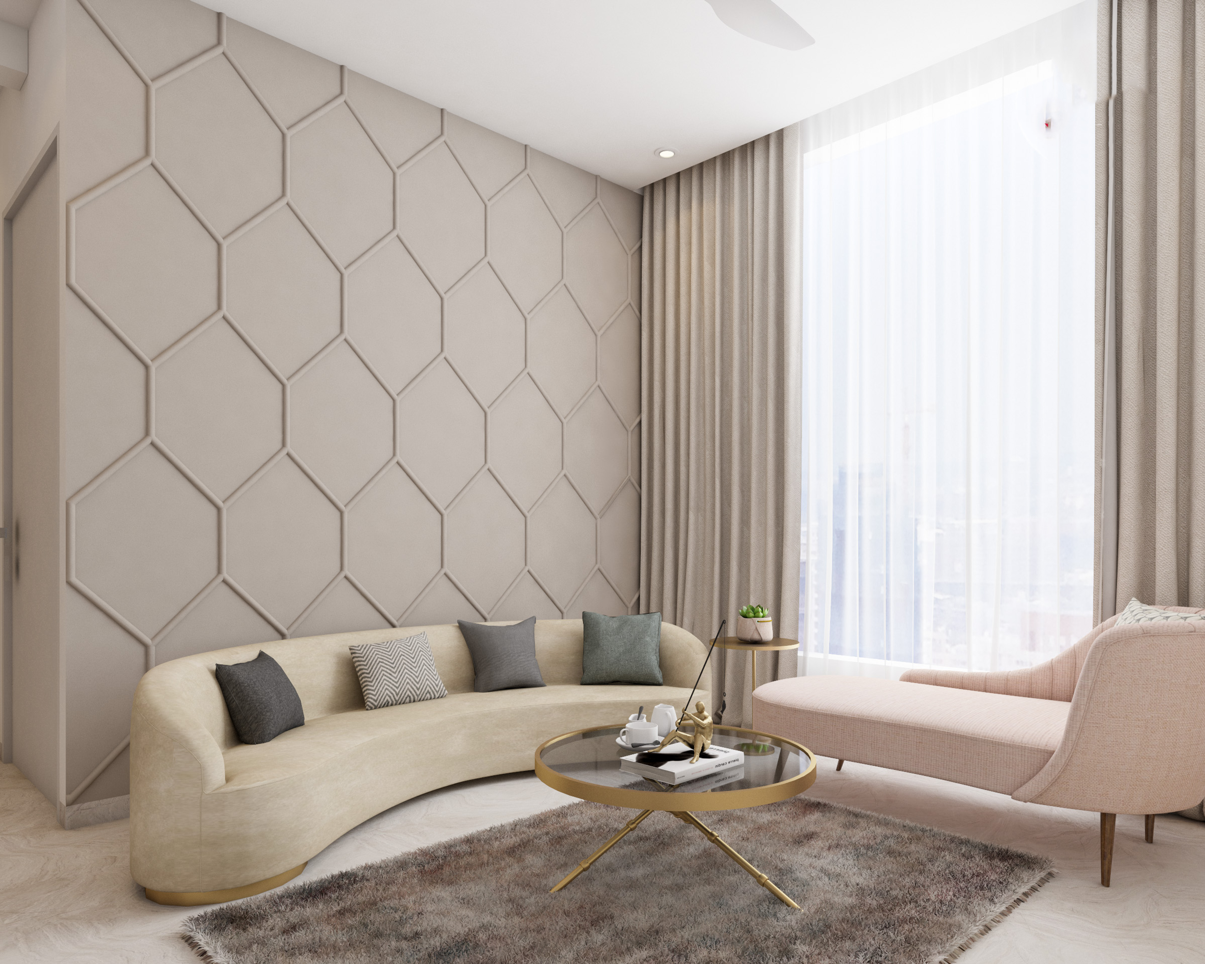 Contemporary Living Room Design With Hexagonal Accent Wall