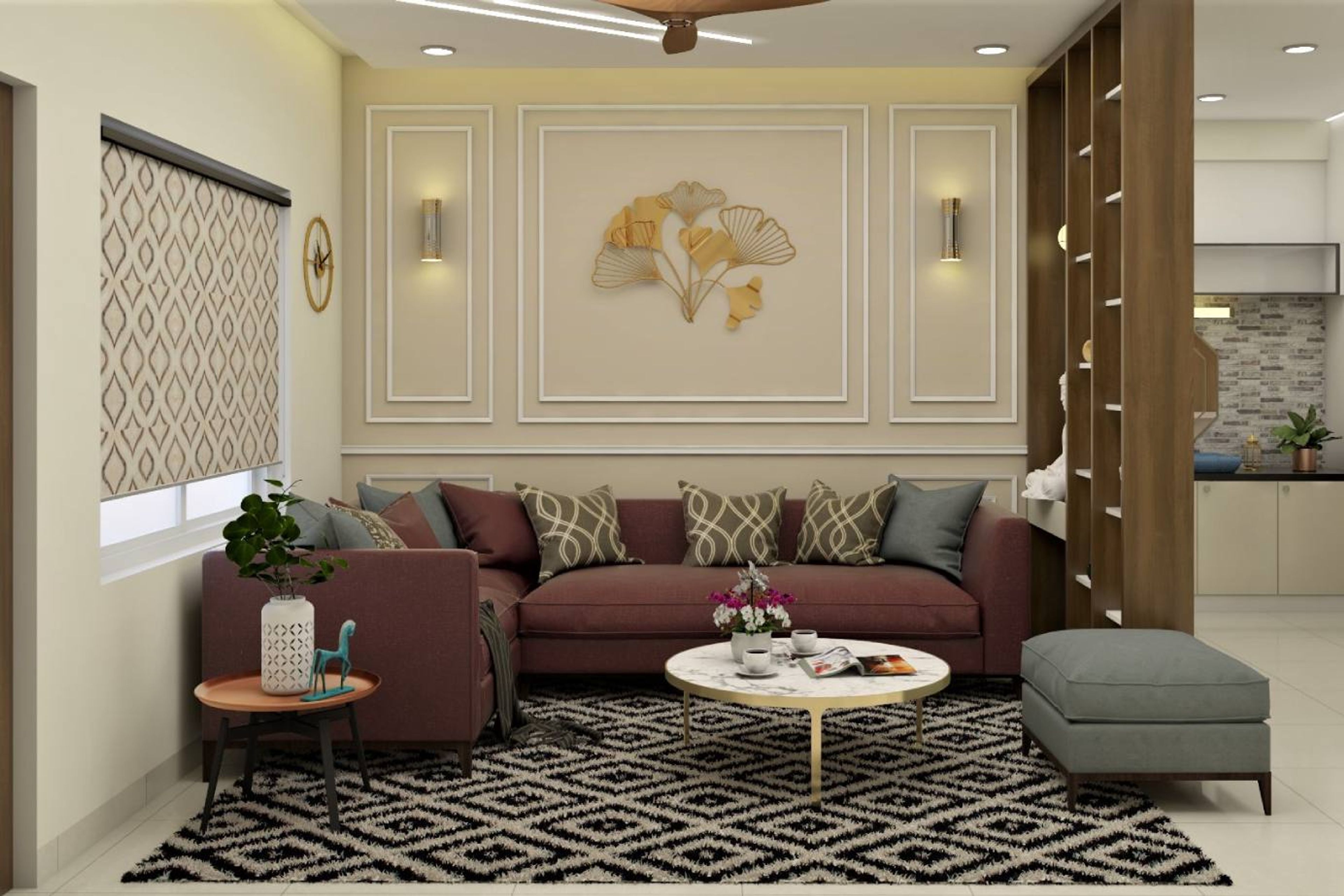 Modern Living Room Design With L-Shaped Maroon Sofa