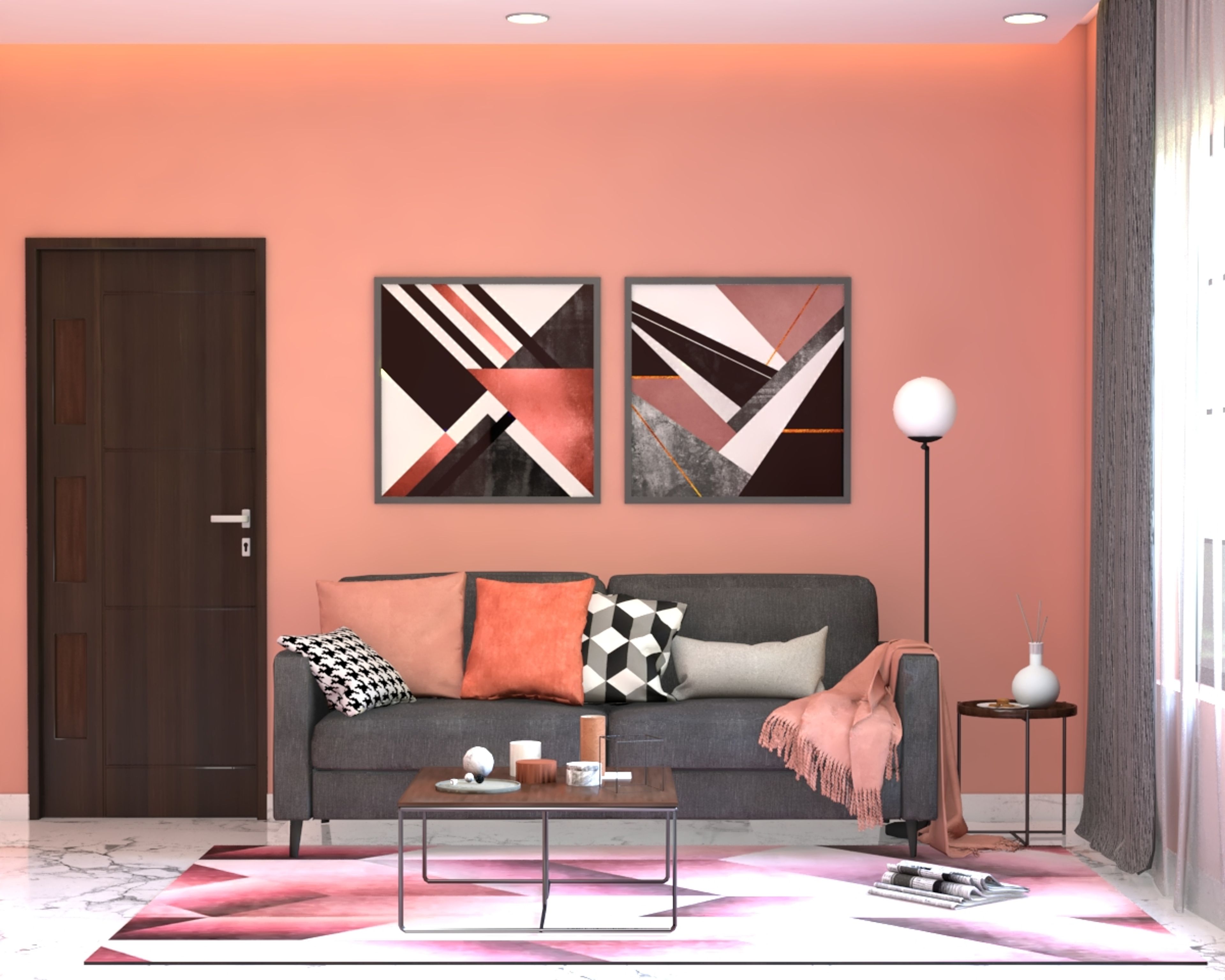Modern Pink-Themed Living Room Design With Grey Seater