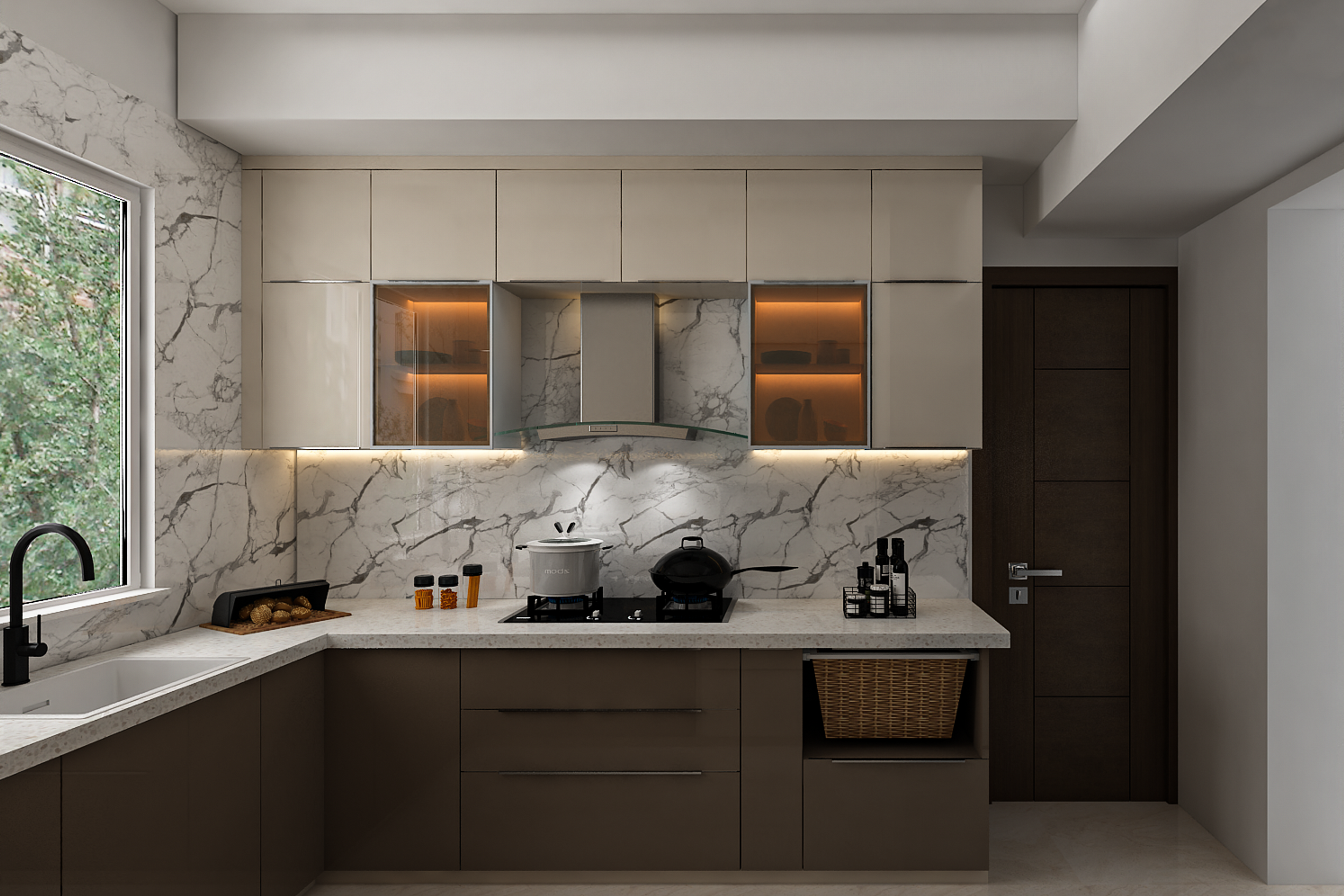 Contemporary U-Shaped Kitchen Design With Wicker Basket