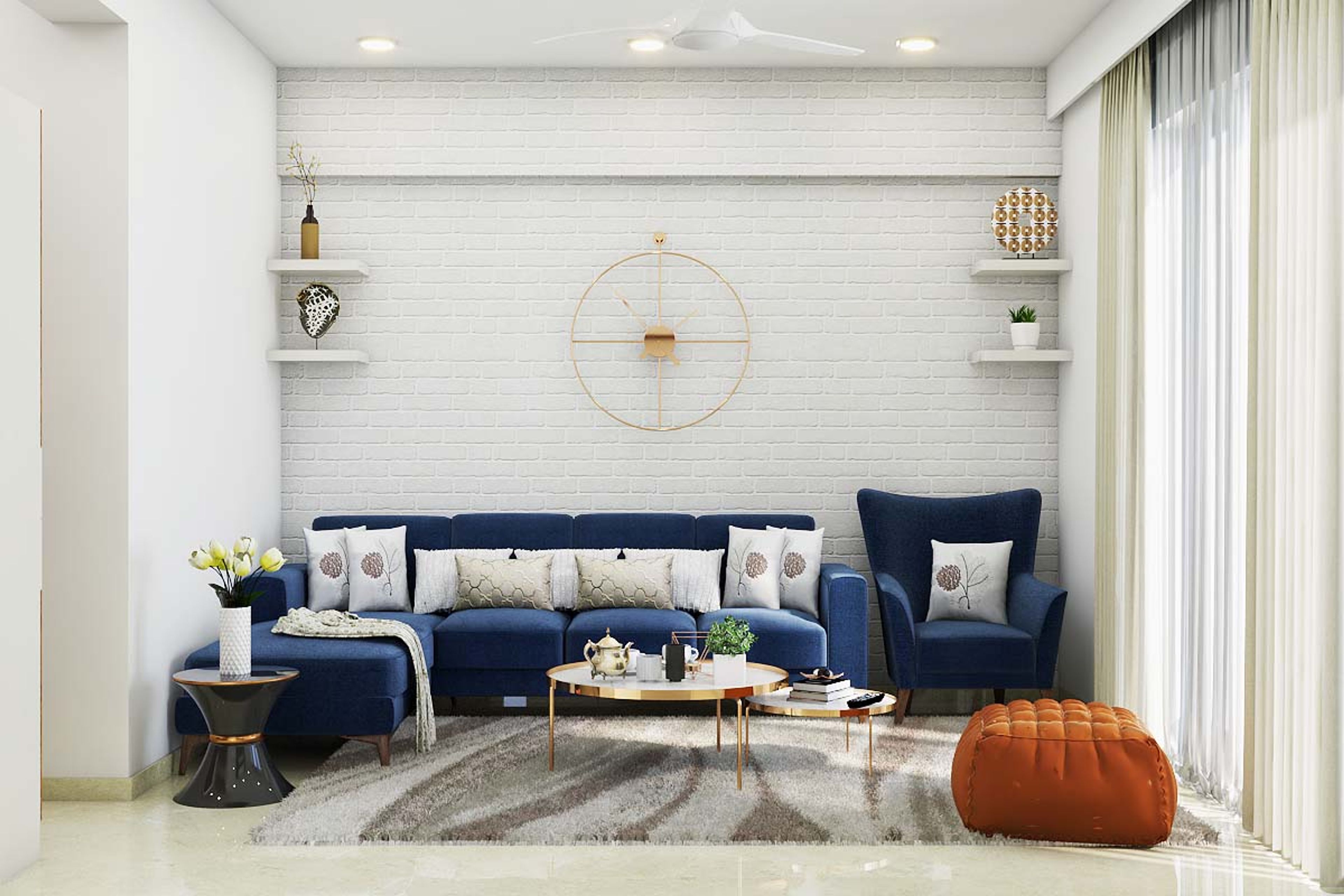 Spacious Living Room Design With L-Shaped Blue Sofa