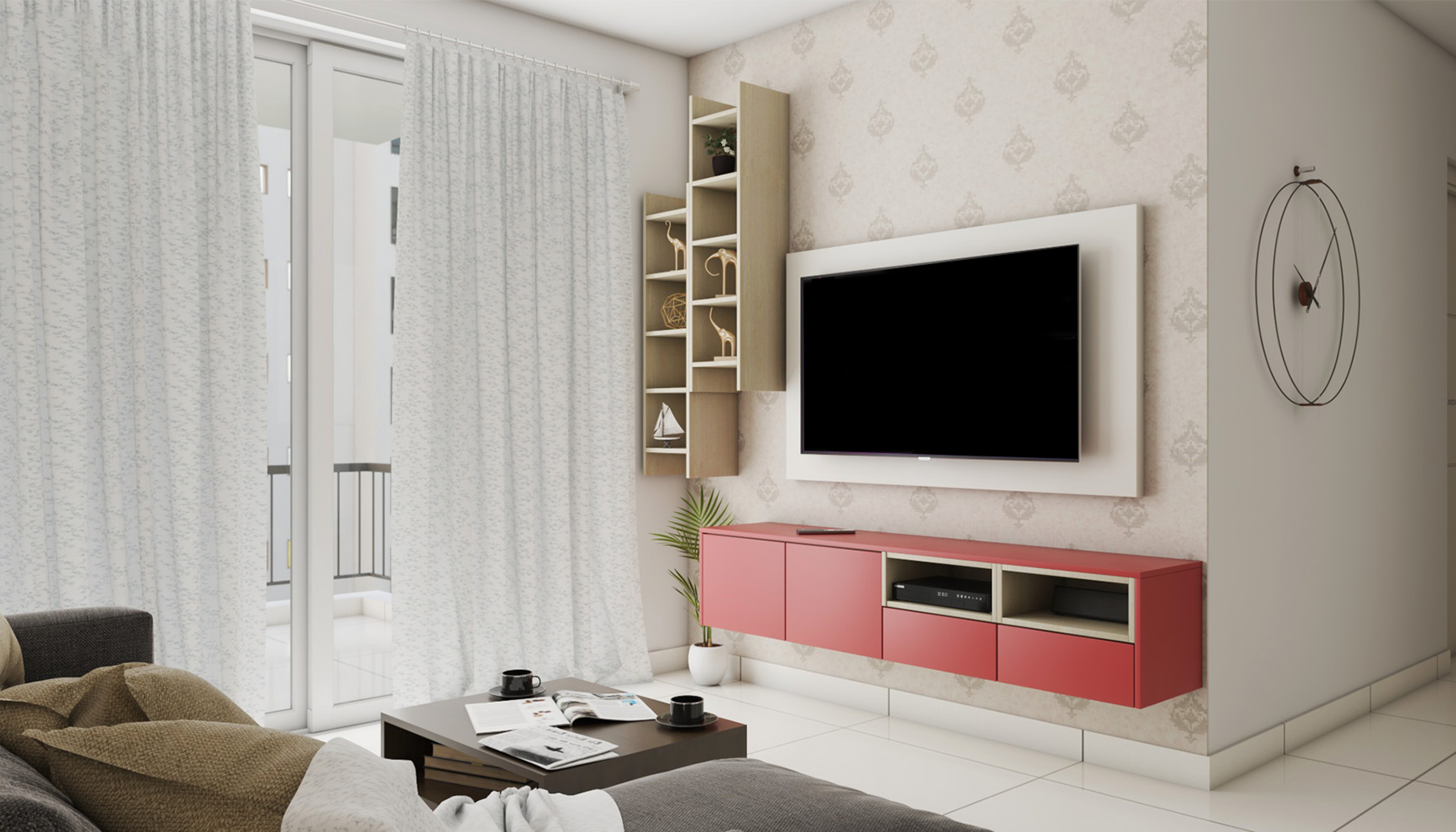 Modern Wall-Mounted TV Cabinet Design In Pink And White
