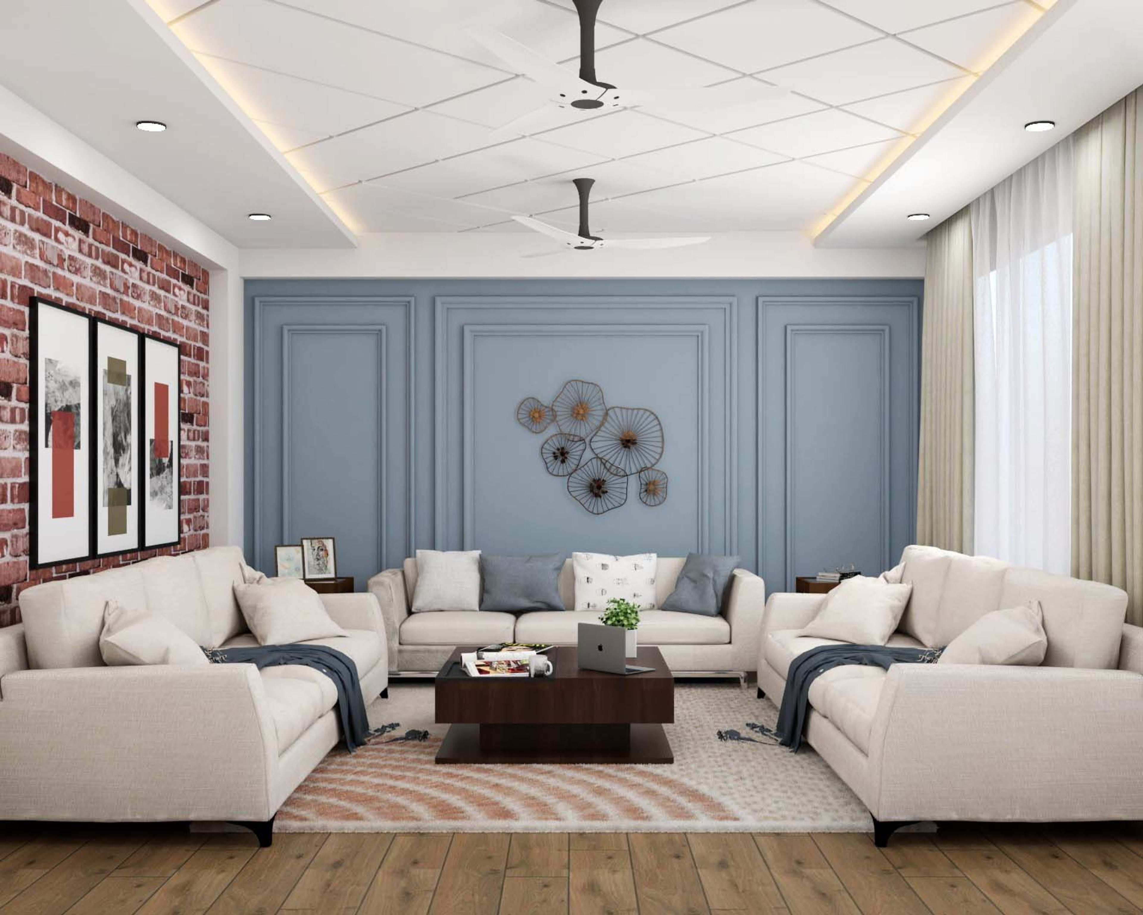 Modern Spacious Living Room Design With U-Shaped White Sofa