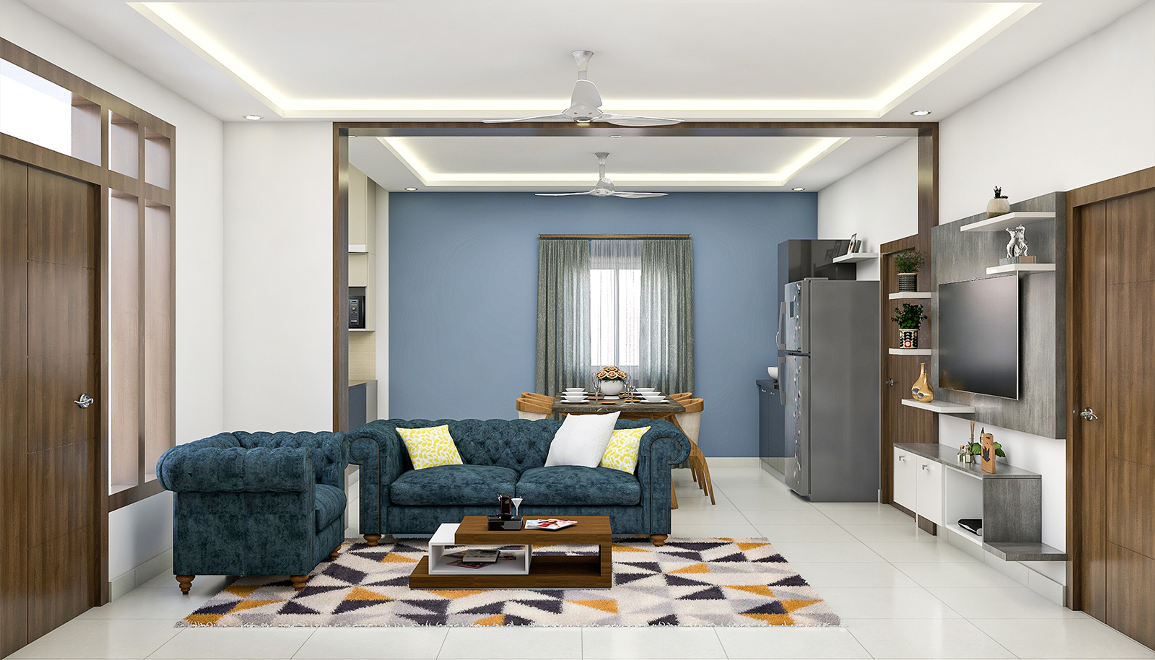 Living Room With Dark Blue L-Shaped Sofa - Livspace