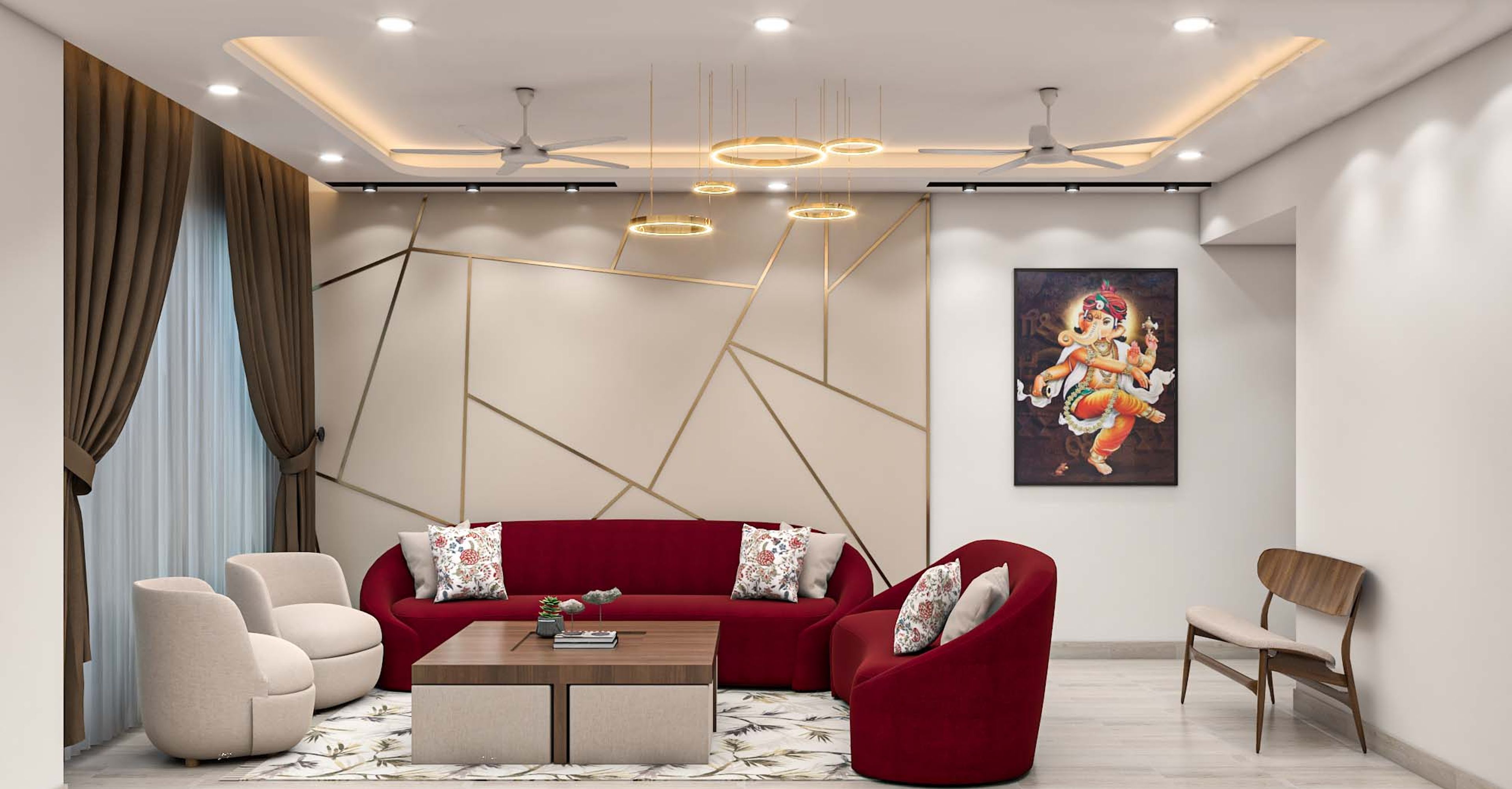 Contemporary Style Spacious Living Room Design With Red Curved Sofas