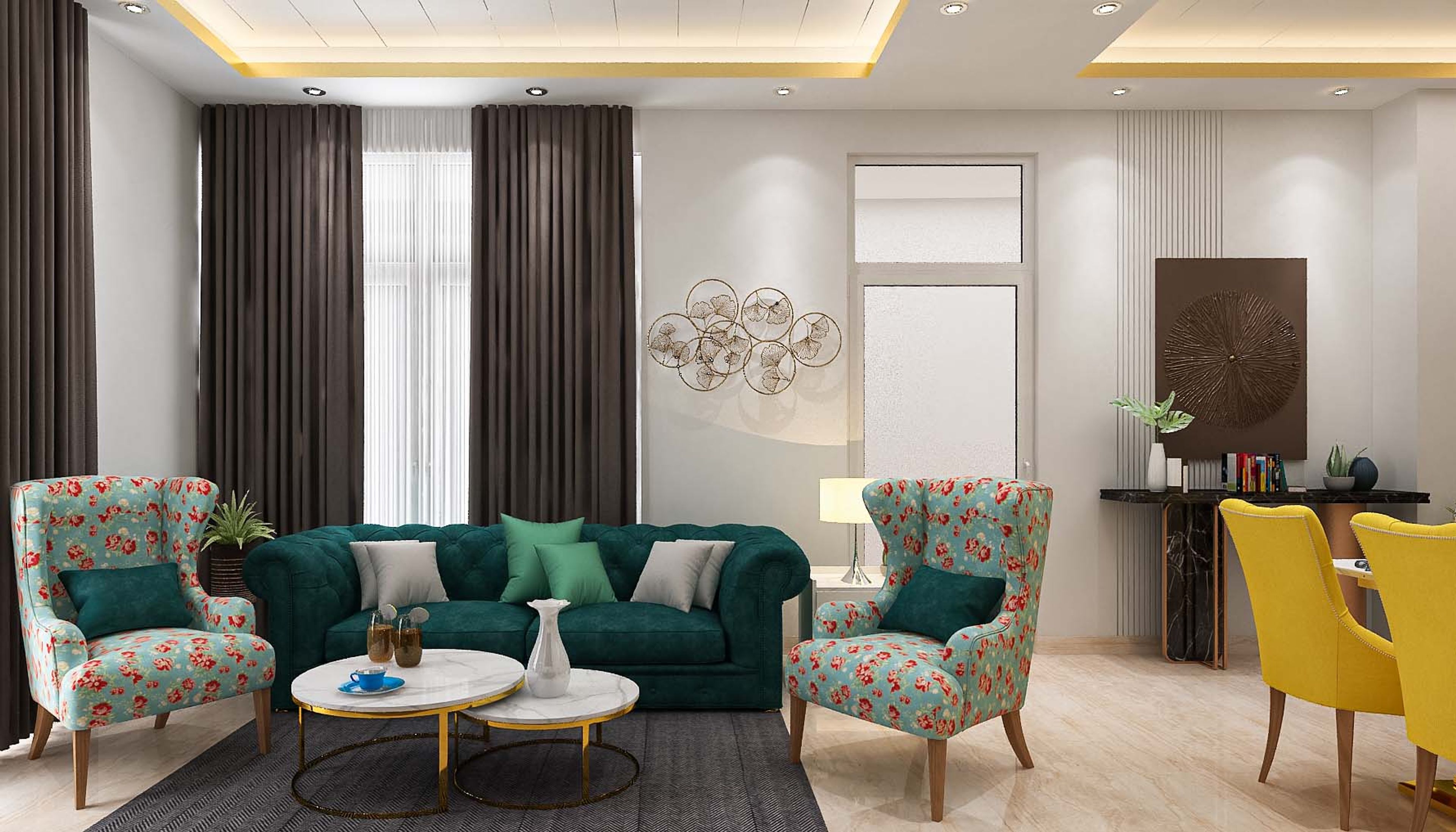 Spacious Living Room Design With Green Sofa