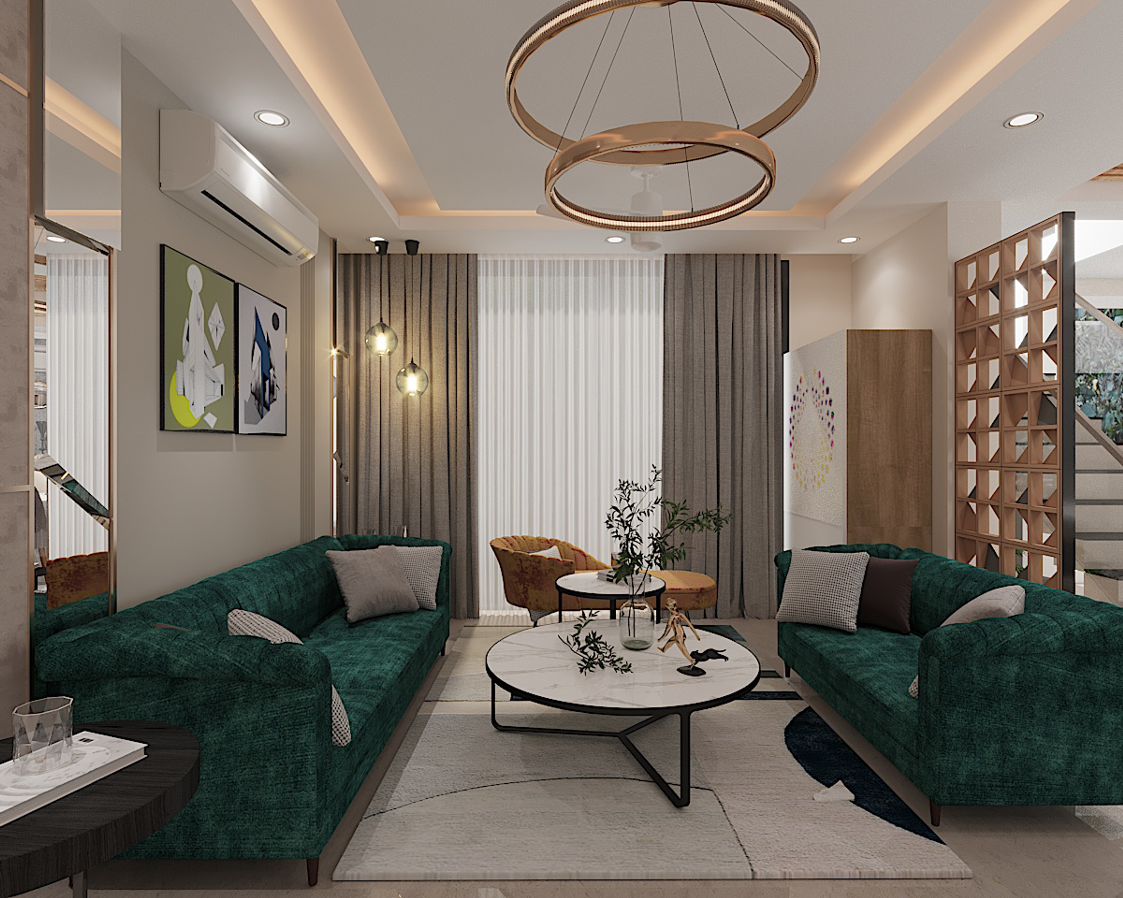 Traditional Spacious Living Room Design With Green Sofa