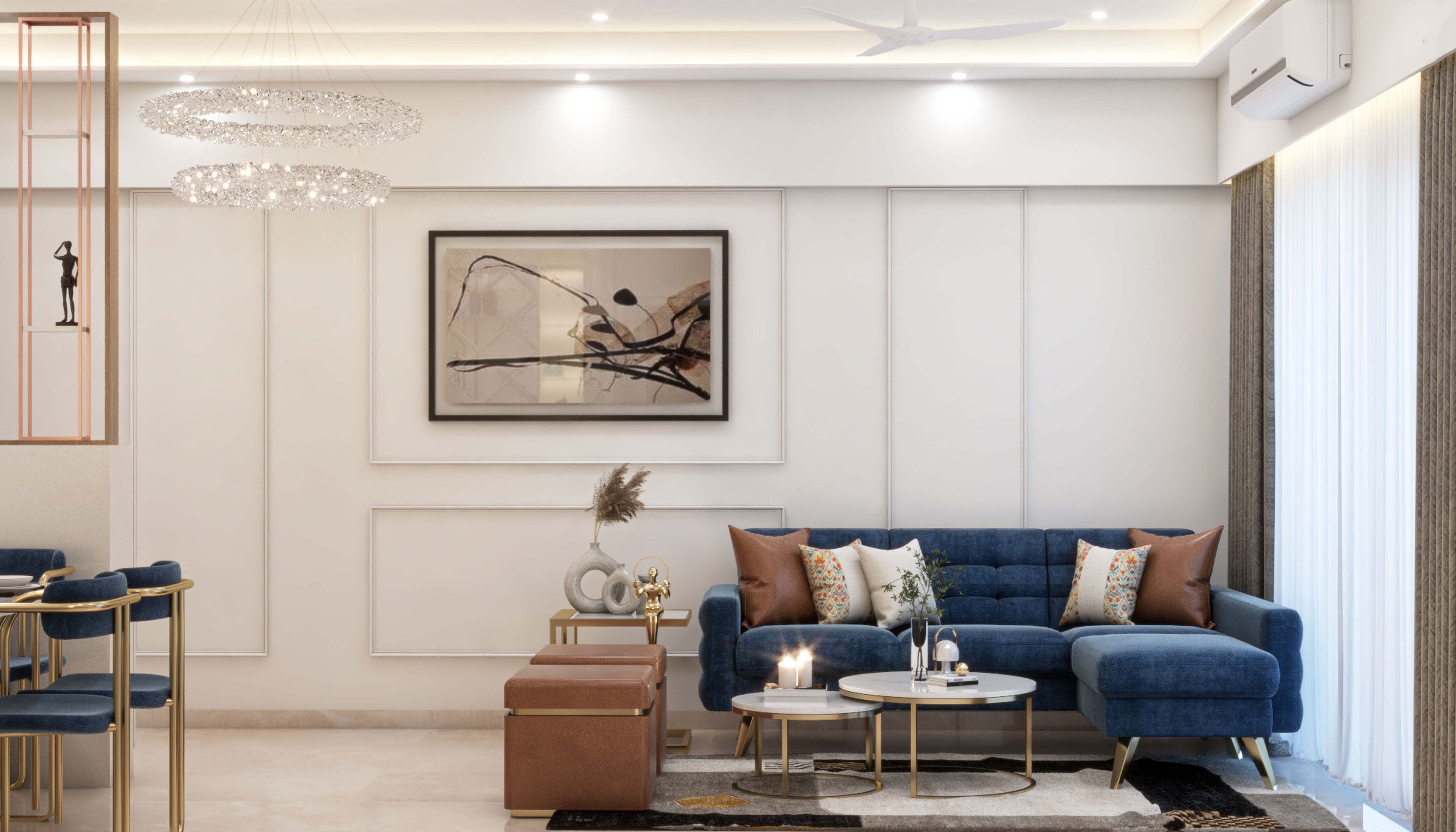 Spacious Living Room Design With Blue Upholstered Sofa