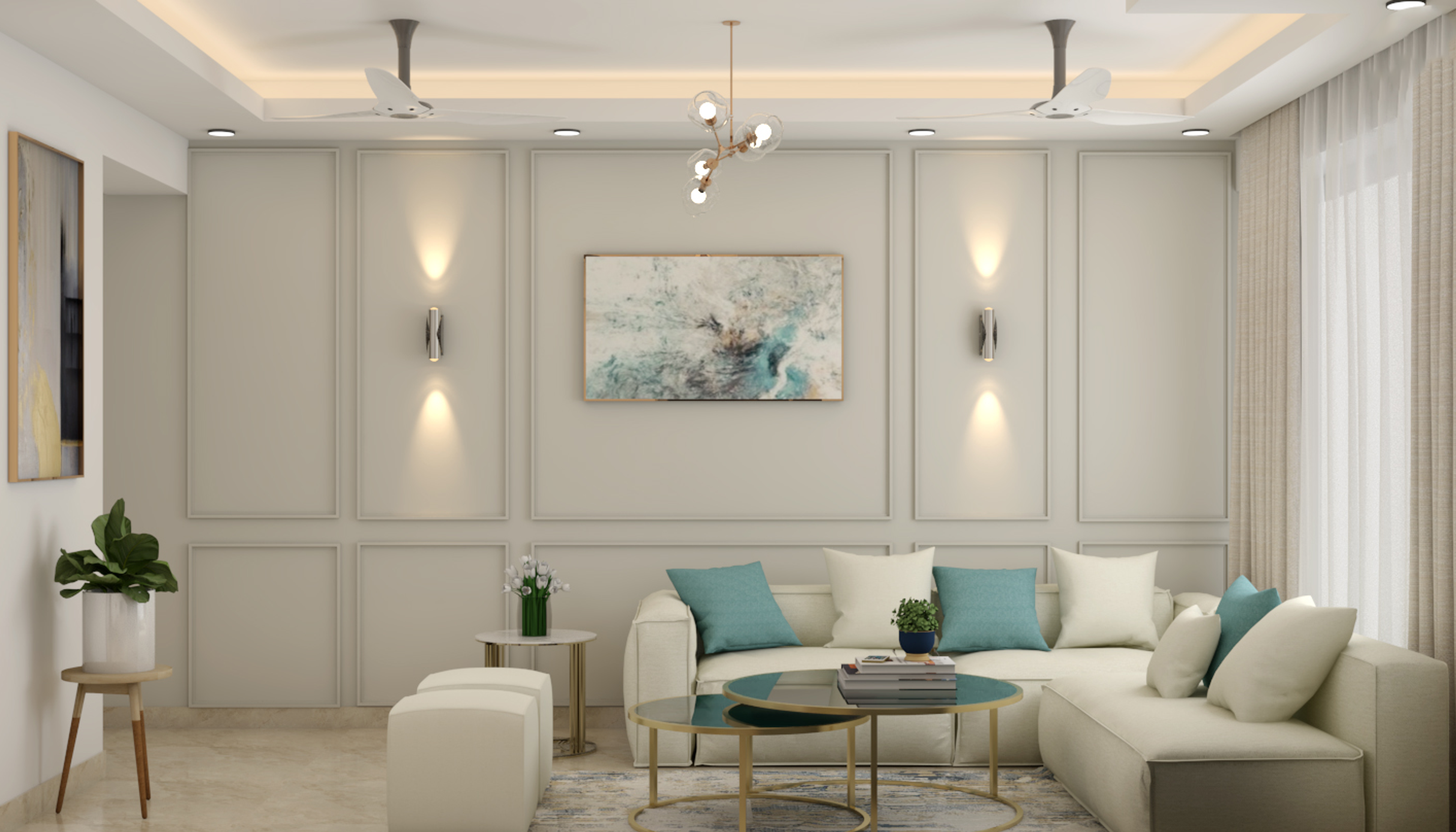 Contemporary Style Spacious Living Room Design In White