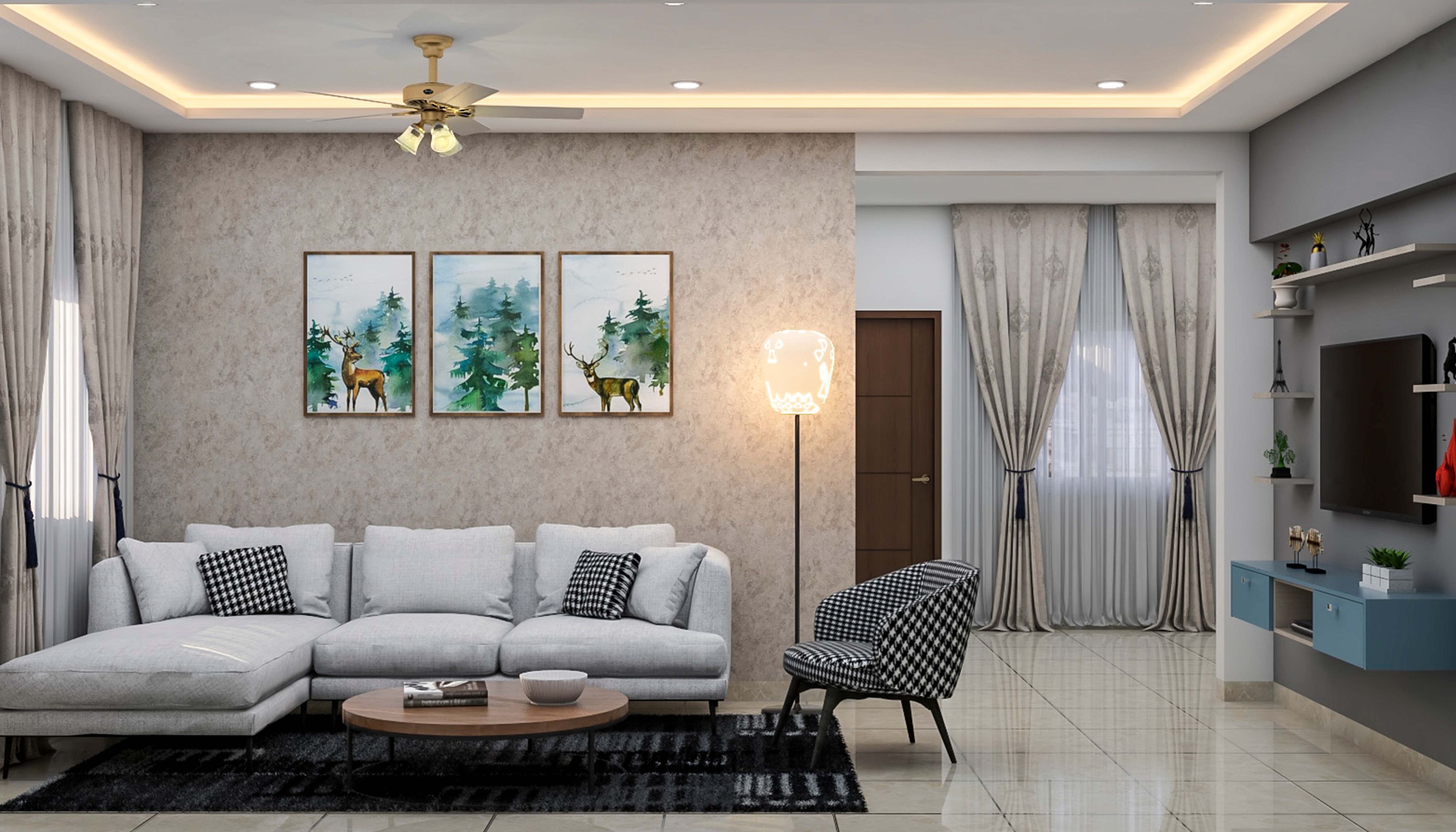 Living Room With Chequered Chair - Livspace