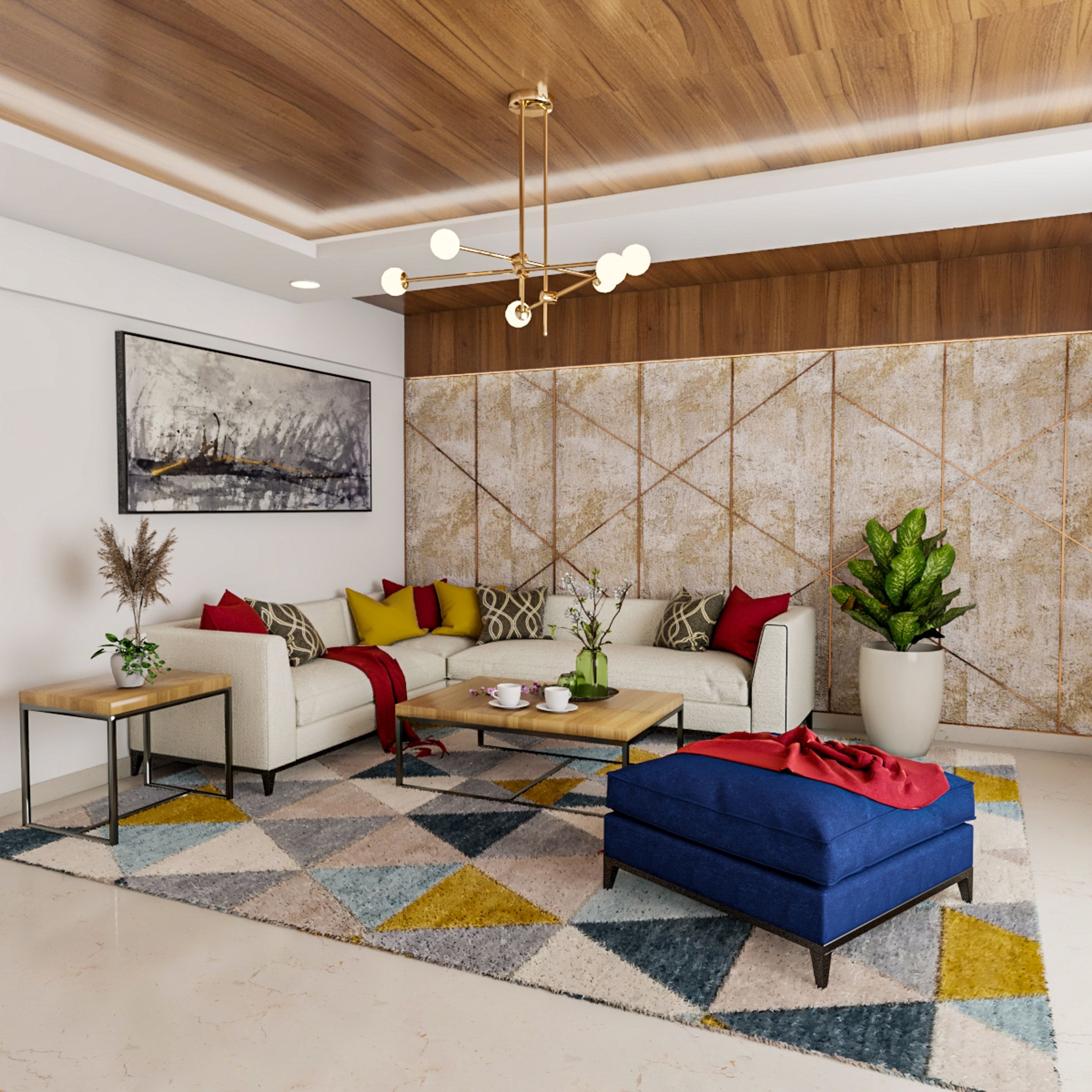 Bohemian Living Room Design With Wooden False Ceiling