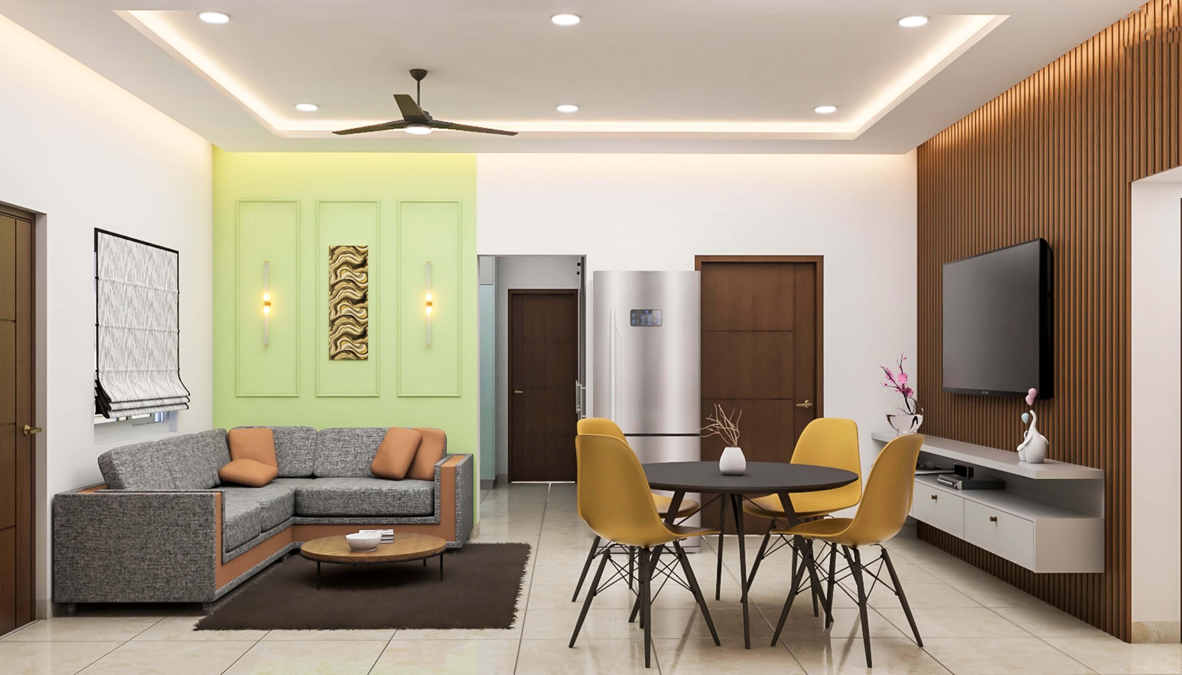 Spacious Living Room Design With Lime Yellow Accent Wall