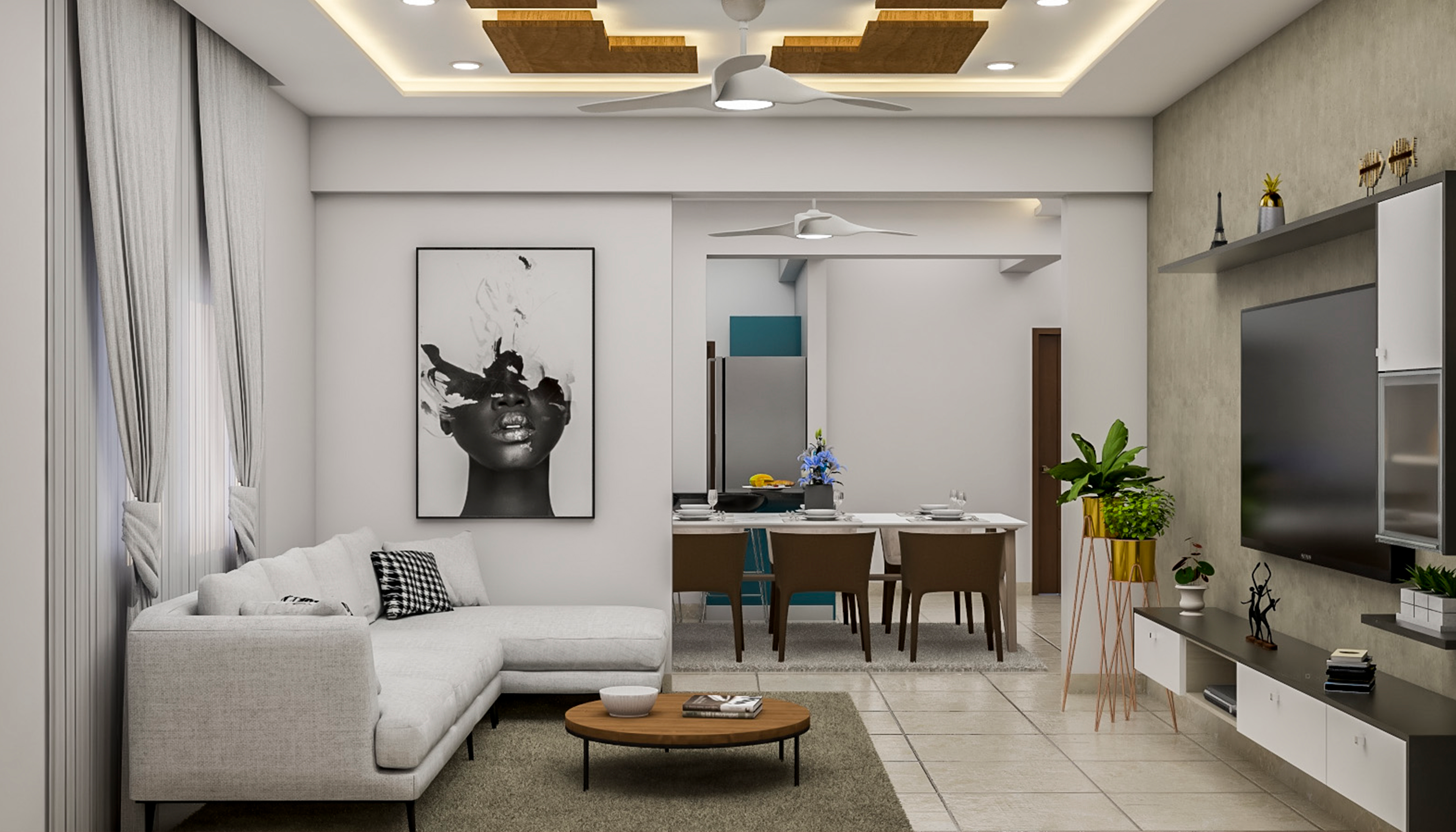 Contemporary Spacious Living Room Design With White Upholstery