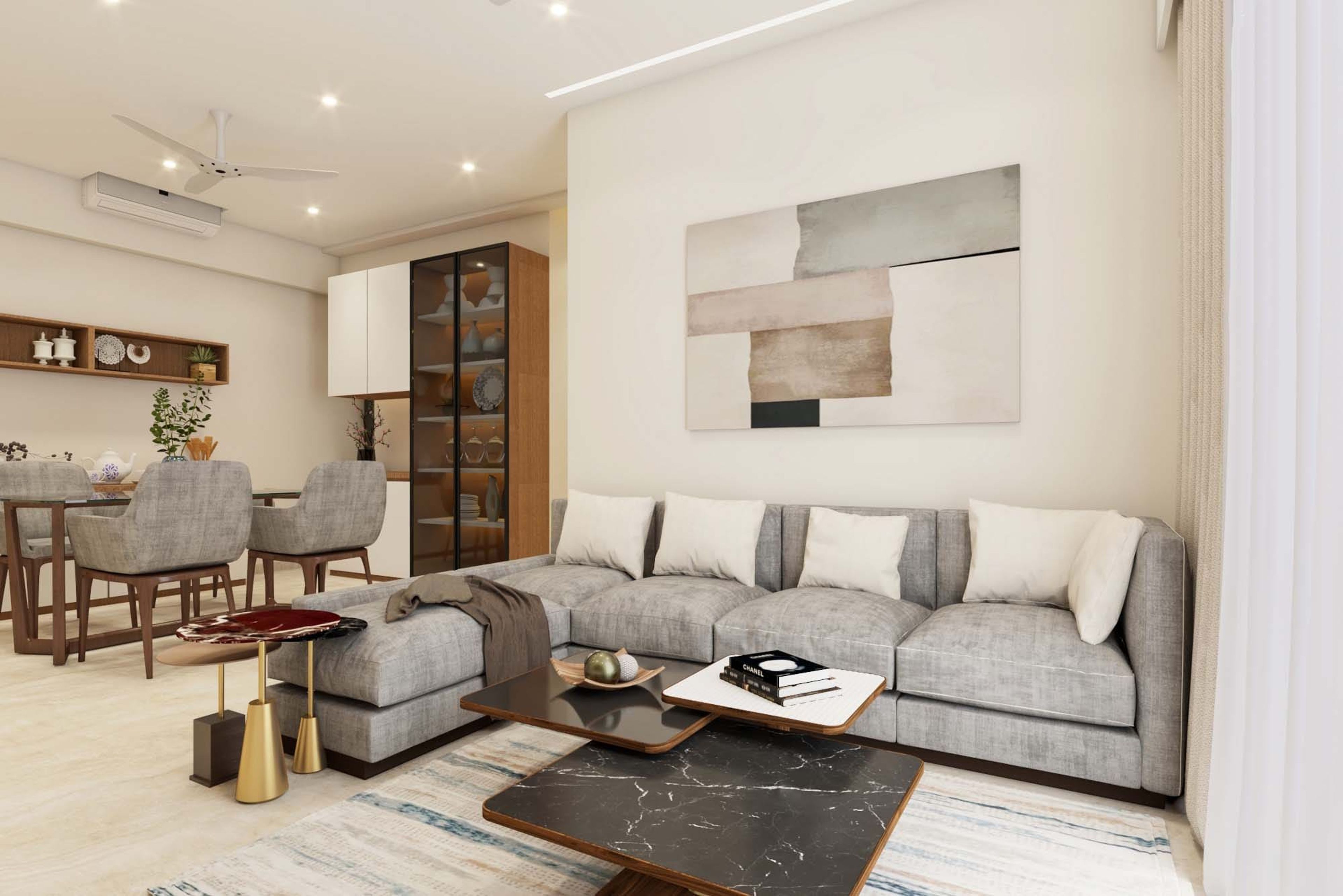 Contemporary Living Room Design With Grey L-Shaped Sofa