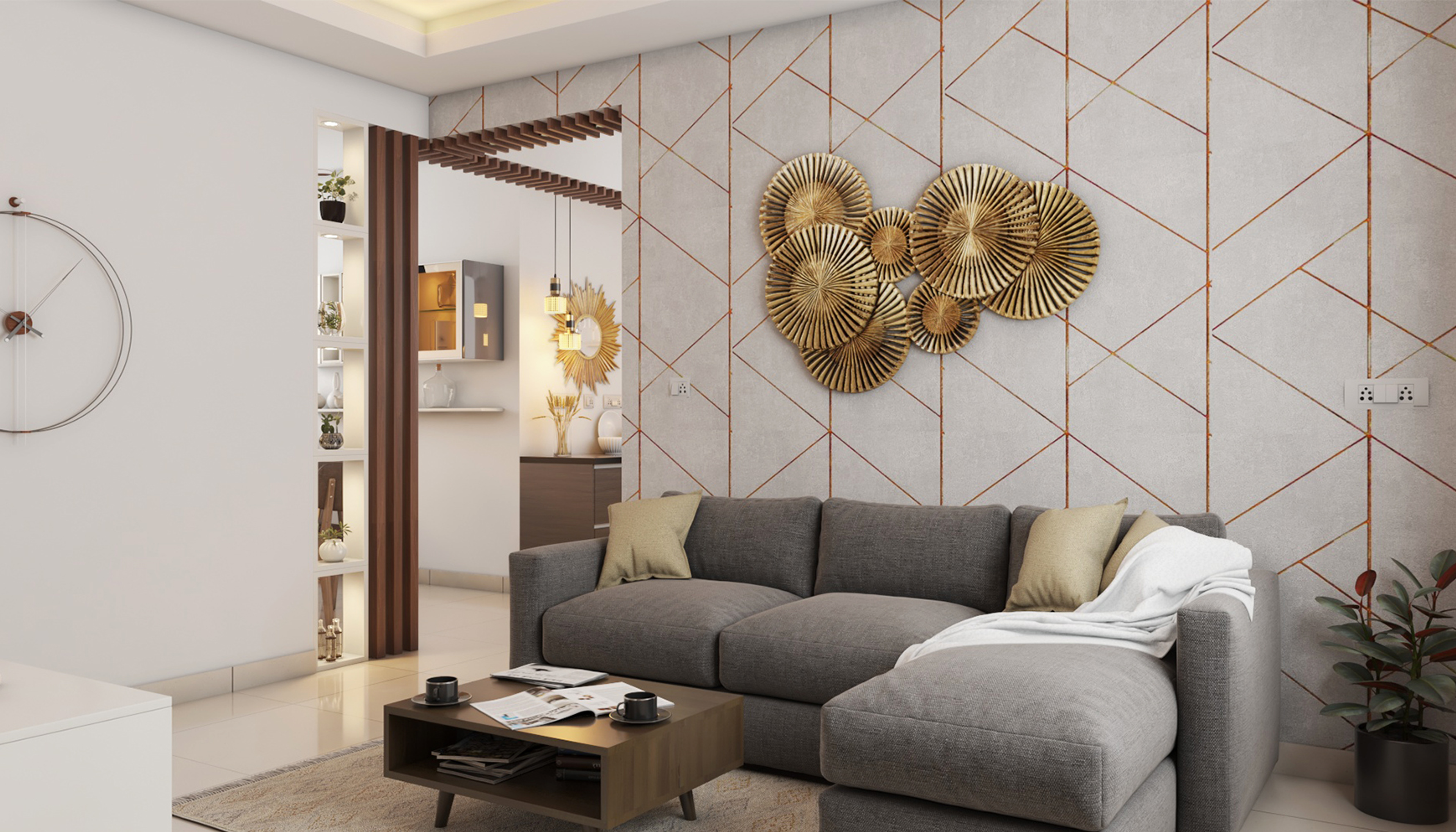 Contemporary Living Room Design With Grey L-Shaped Sofa