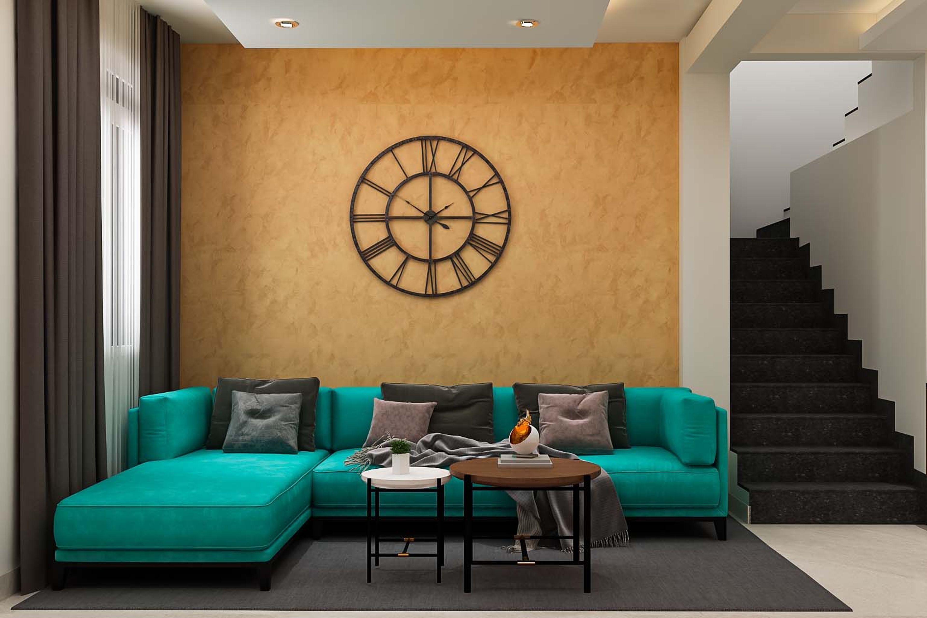 Contemporary Spacious Living Room Design With L-Shaped Blue Sofa