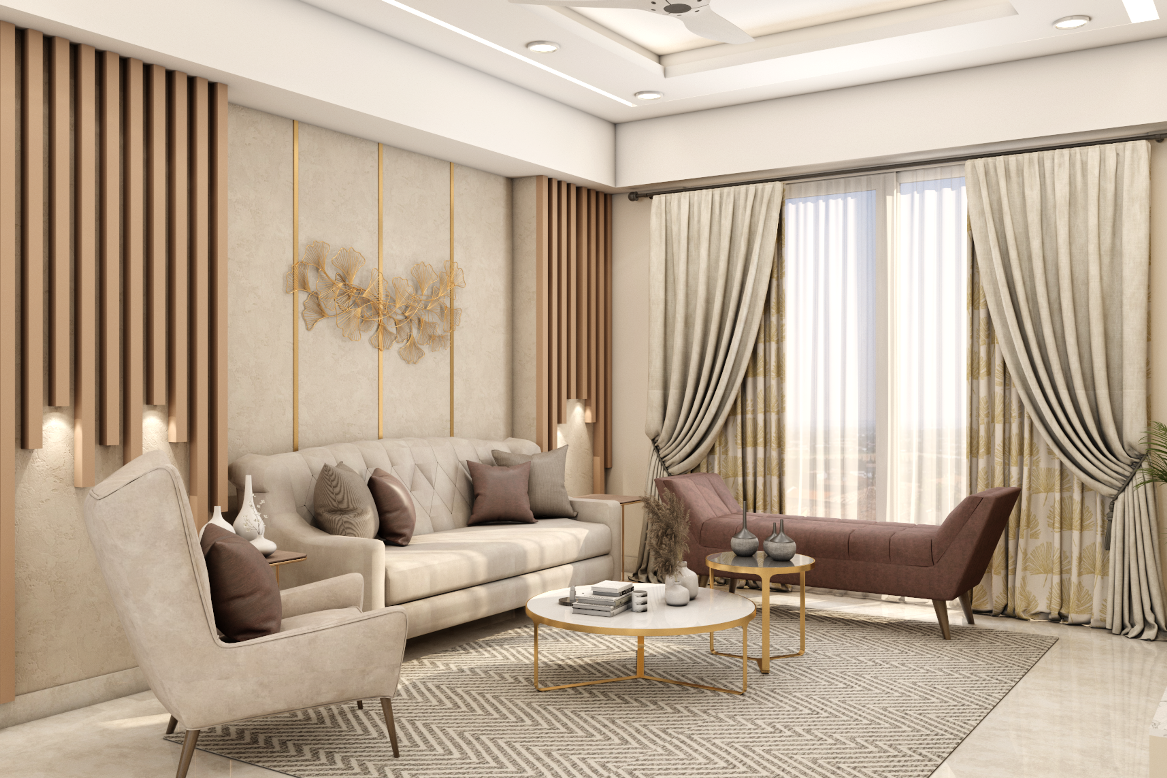 Contemporary U-Shaped Living Room Design With Brown Diwan