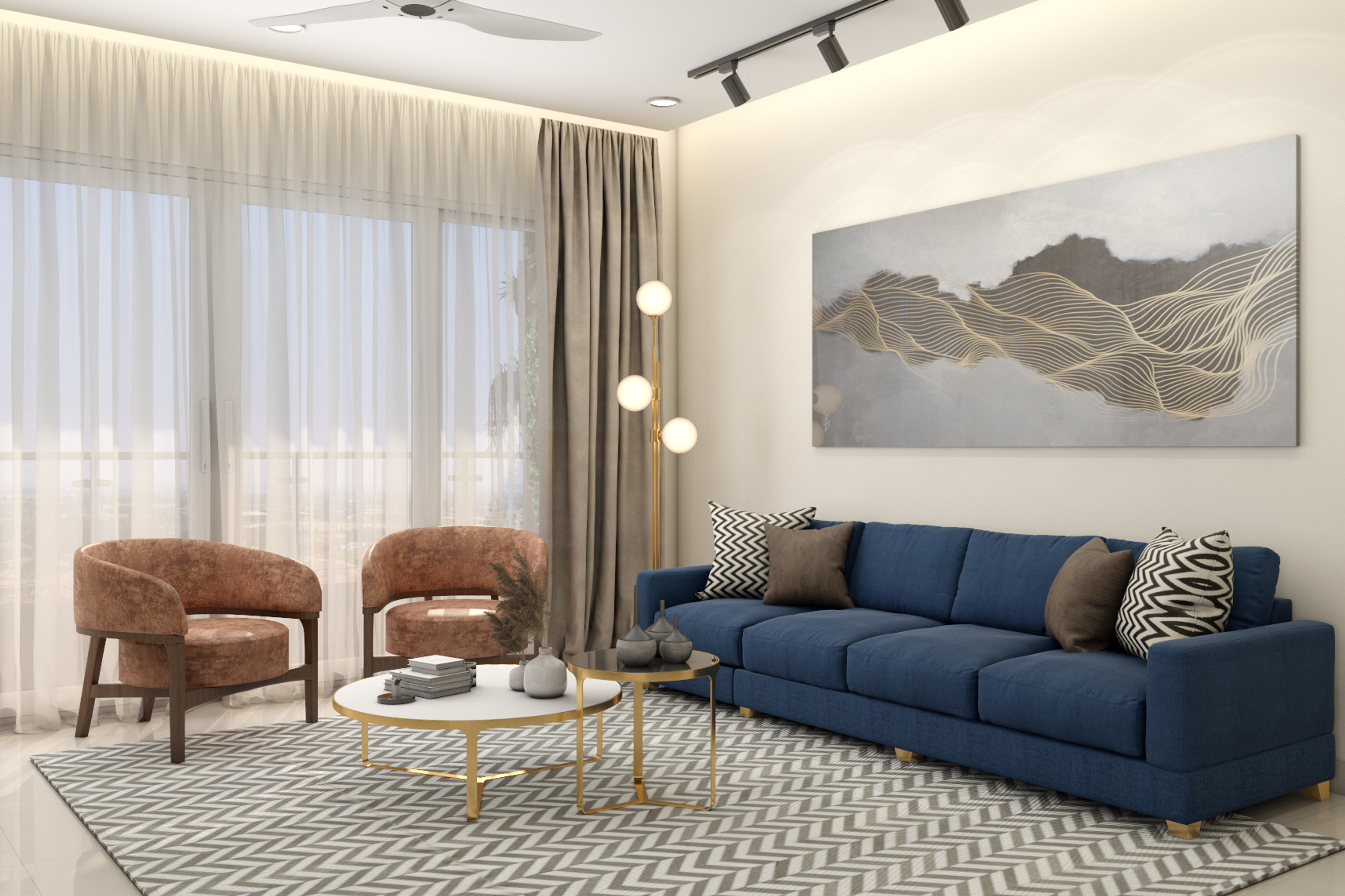 Spacious Living Room Design With Blue And Brown Upholstery