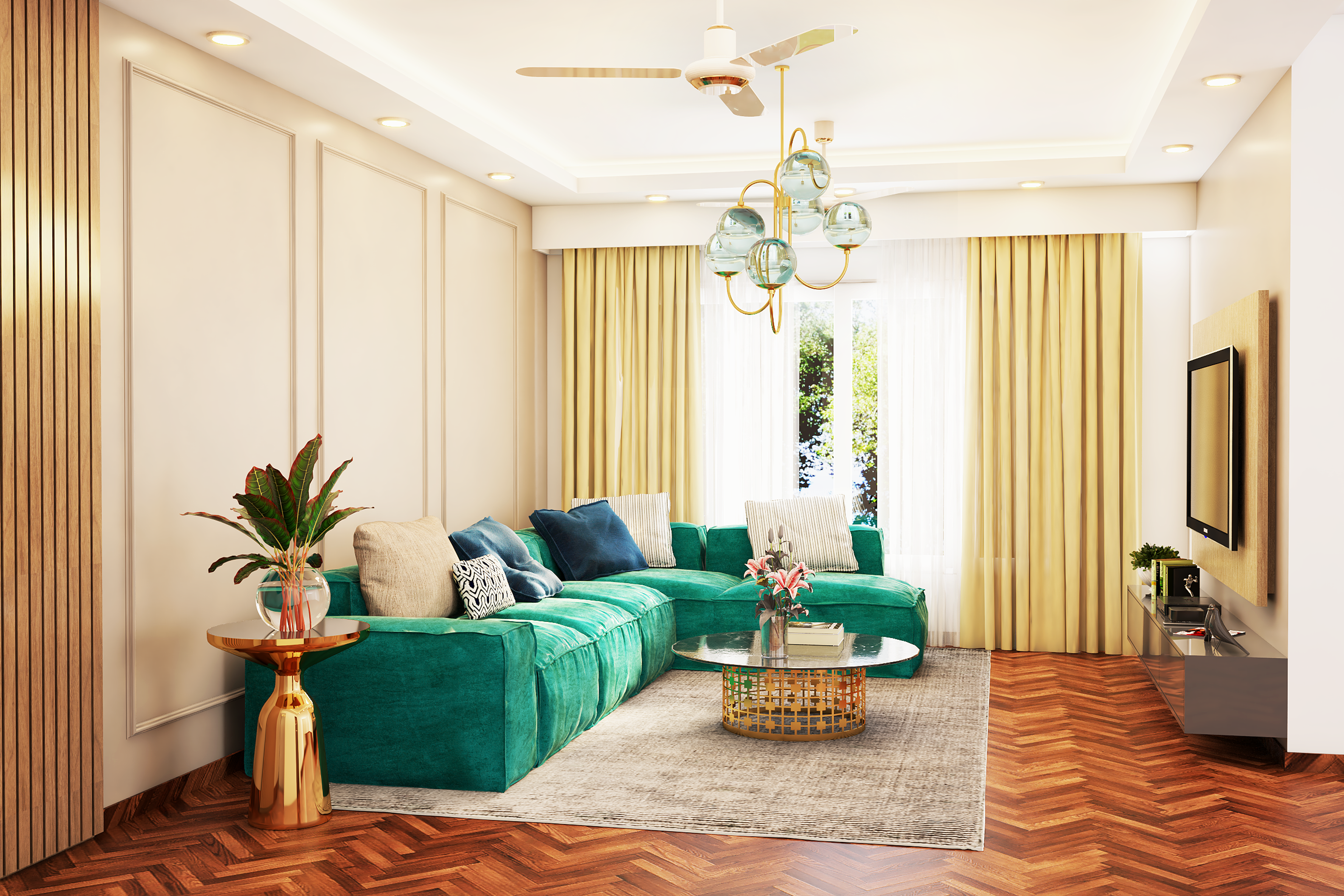 Modern Living Room Design With Green L-Shaped Sofa