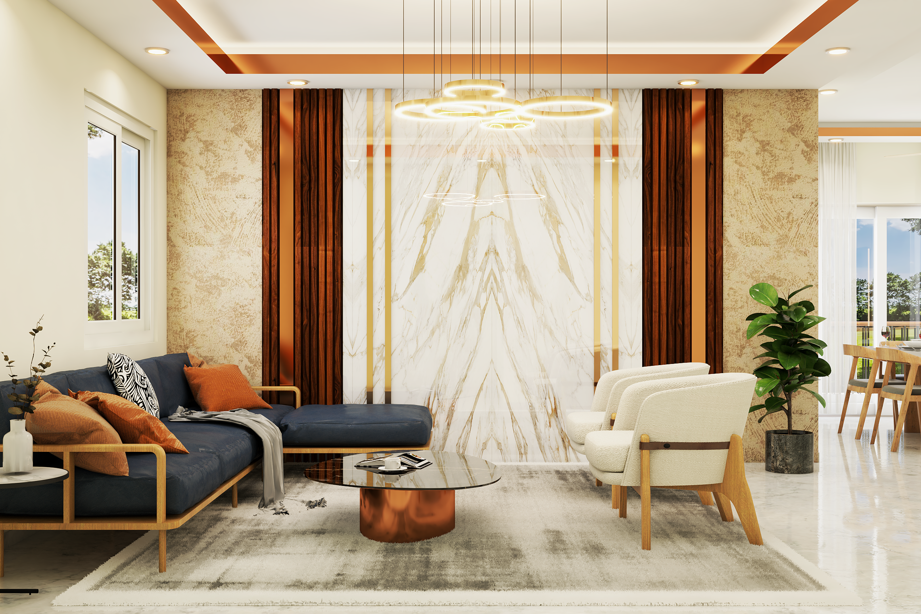 Spacious Contemporary Living Room Design With Blue L-Shaped Sofa