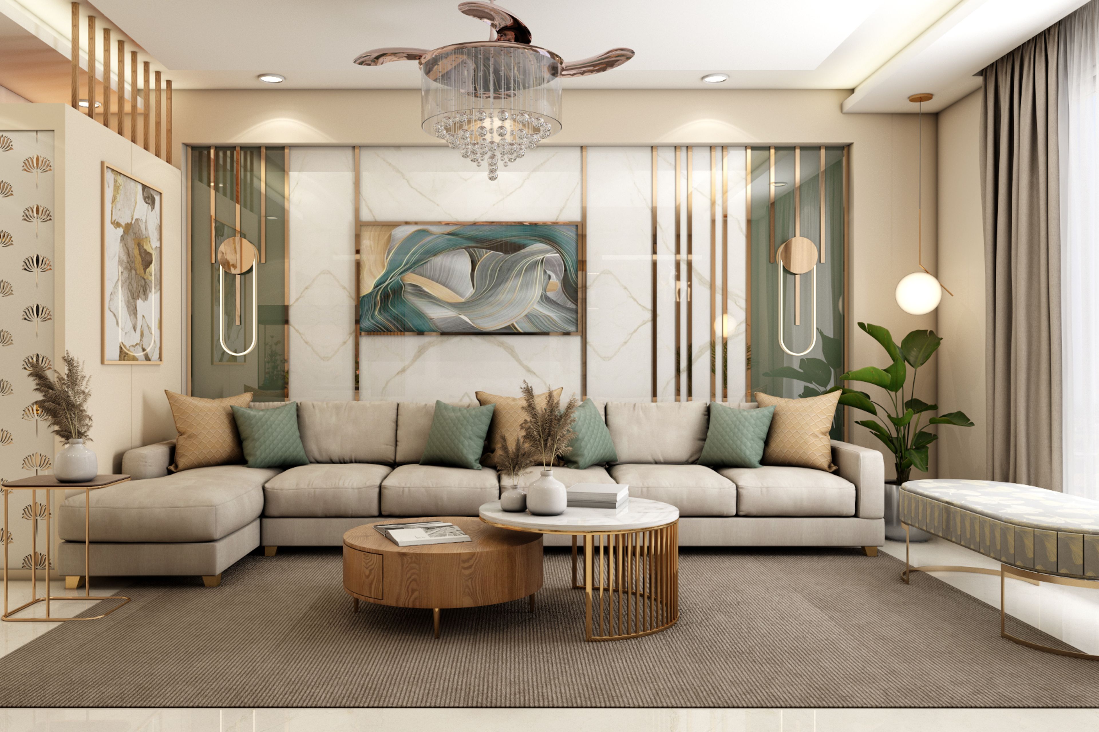 Contemporary Teal Blue And Beige-Coloured Living Room Design With Sofa