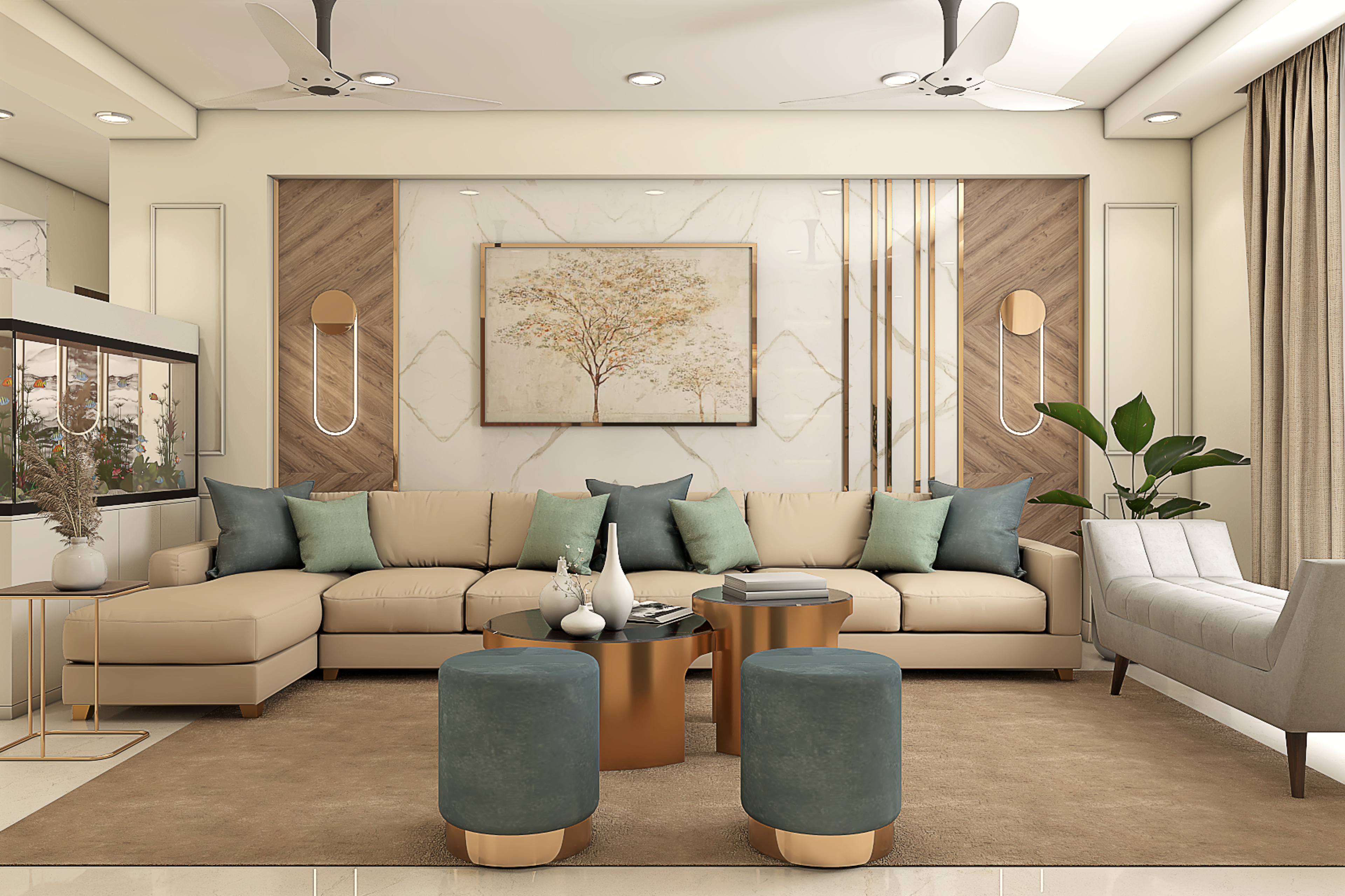 Contemporary Style Living Room Design With Large L-Shaped Sofa And Daybed