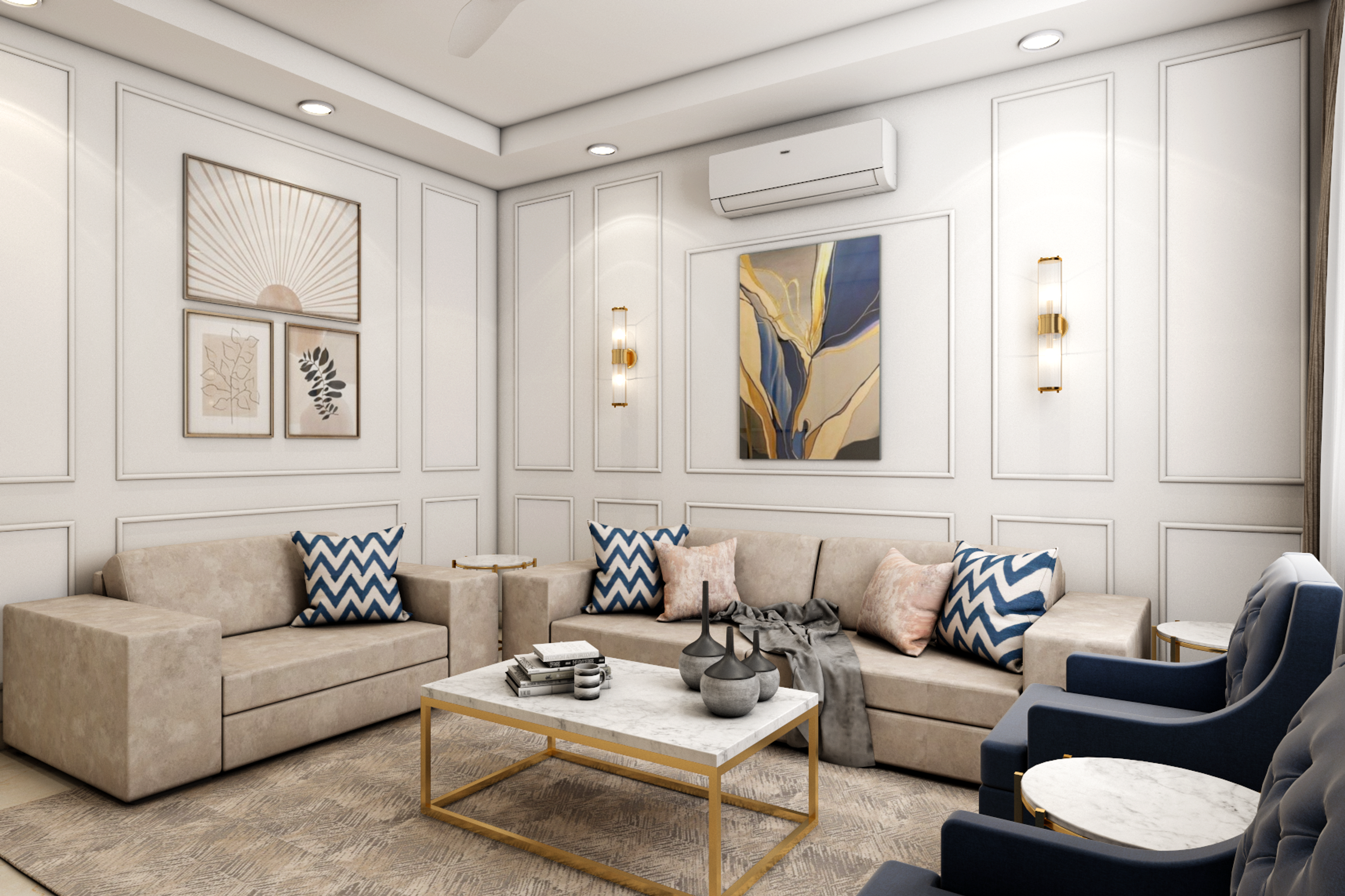 Contemporary Living Room Design With Beige L-Shaped Sofa