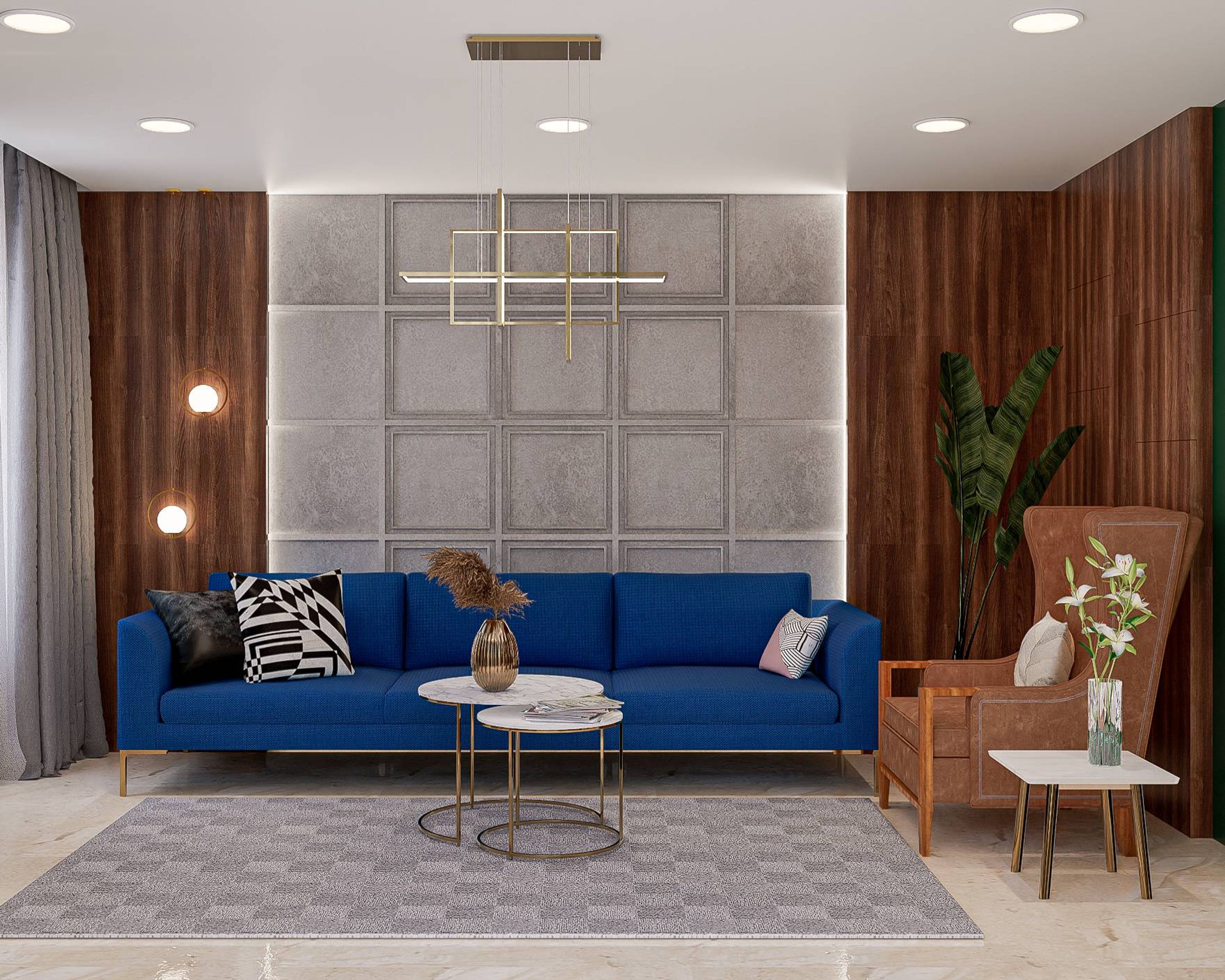 Modern Living Room Design With Wooden Wall Accent