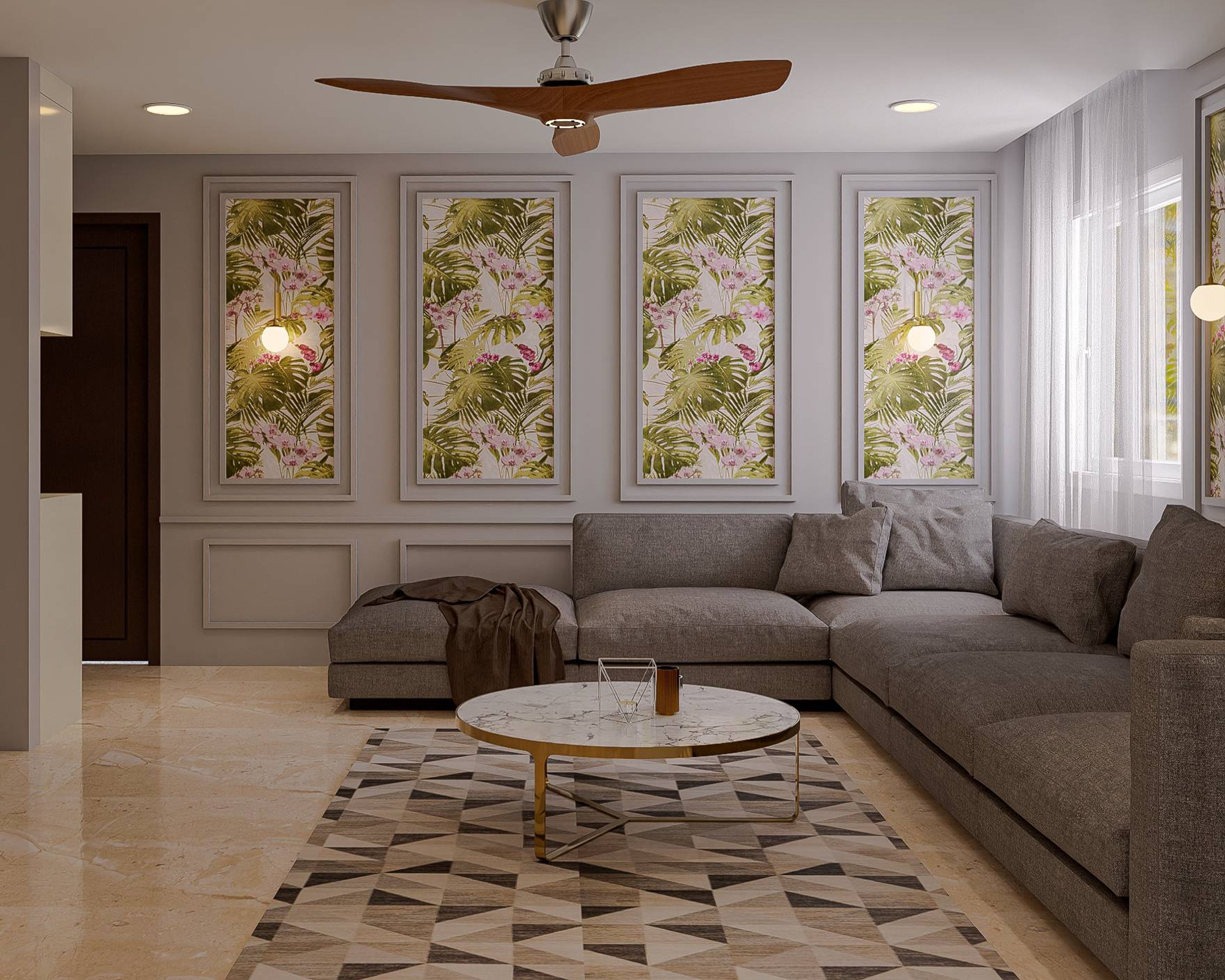 Modern Living Room Design With Tropical Wallpaper