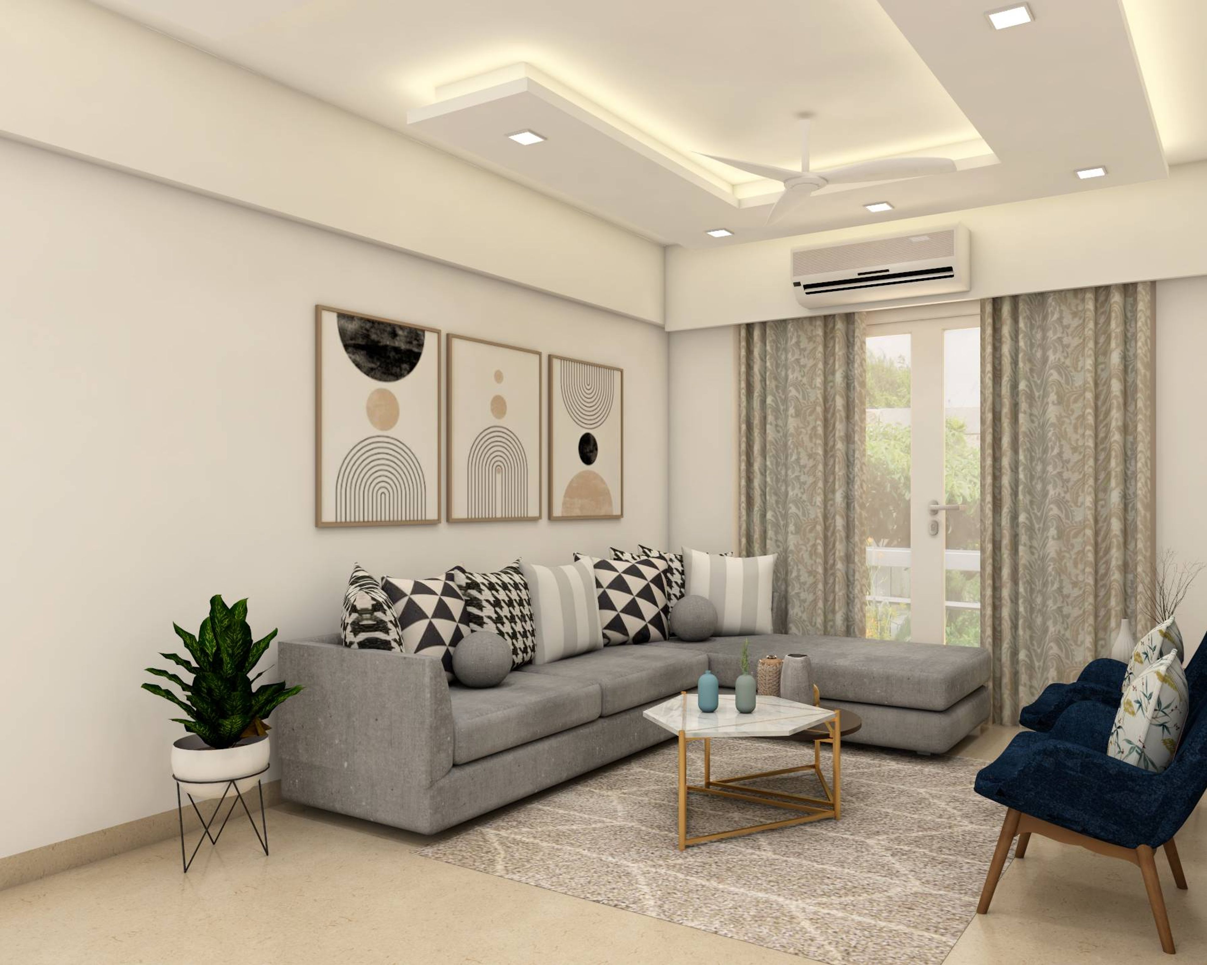 Contemporary Living Room Design With L-Shaped Grey Seater