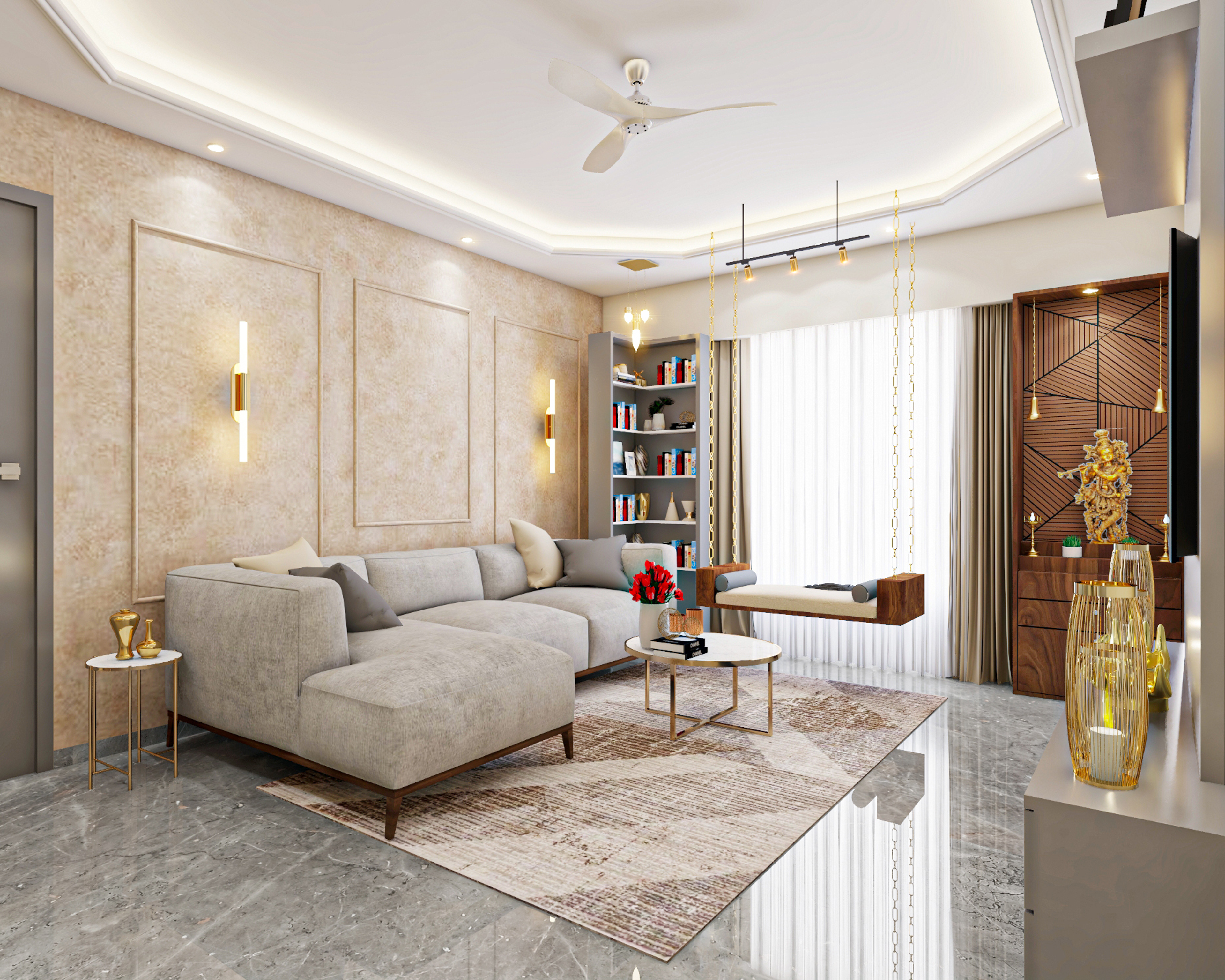 Contemporary Living Room Design With Grey L-Shaped Sofa